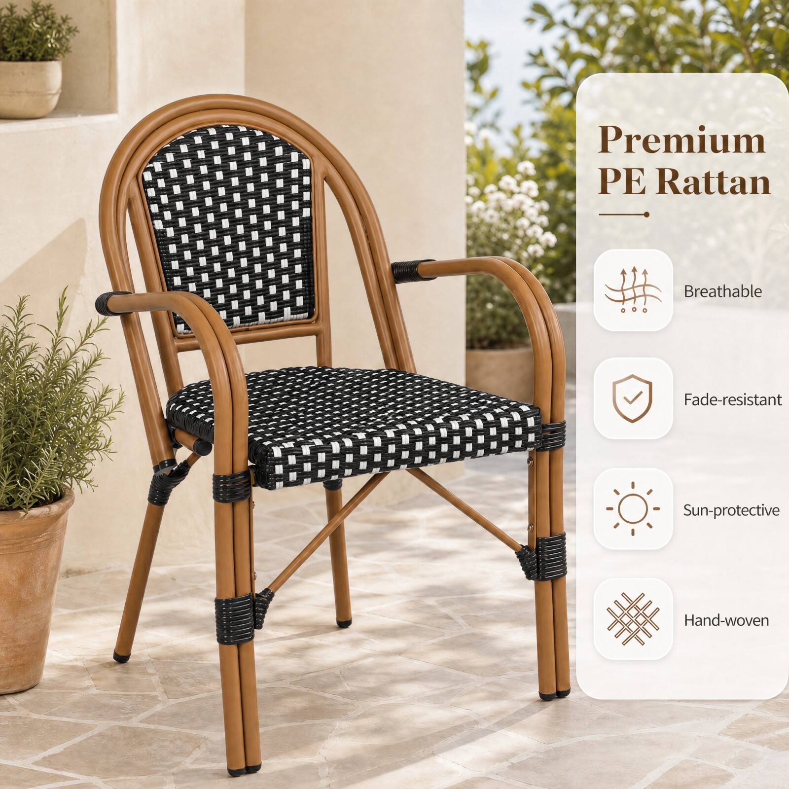 Premium PE Rattan

- Breathable
- Fade-resistant
- Sun-protective
- Hand-woven