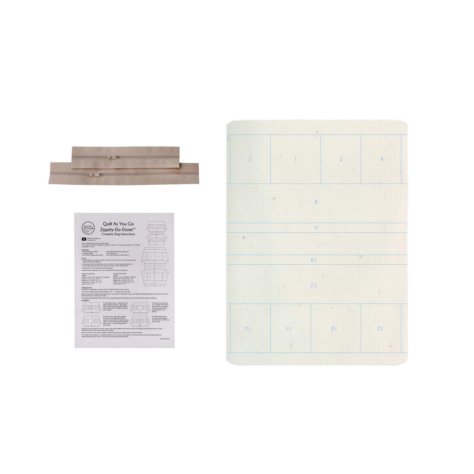 Sure, here is the corrected and grouped text from the image:

---

**Quilt As You Go Zipity-Do-Done**

**Zipity-Do-Done Instructions**

**Materials Needed:**
- 1/2 yard of fabric for the border
- 1/2 yard of fabric for the binding
- 1/2 yard of fabric for the backing
- 1/2 yard of batting
- 1/2 yard of fusible interfacing
- 1/2 yard of fusible web
- 1/2 yard of fusible fleece
- 1/2 yard of fusible batting
- 1/2 yard of fusible stabilizer
- 1/2 yard of fusible interfacing
- 1/2 yard of fusible web
- 1/2 yard of fusible fleece
- 1/2 yard of fusible batting
- 1/2 yard of fusible stabilizer
- 1/2 yard of fusible interfacing
- 1/2 yard of fusible web
- 1/2 yard of fusible fleece
- 1/2 yard of fusible batting
- 1/2 yard of fusible stabilizer