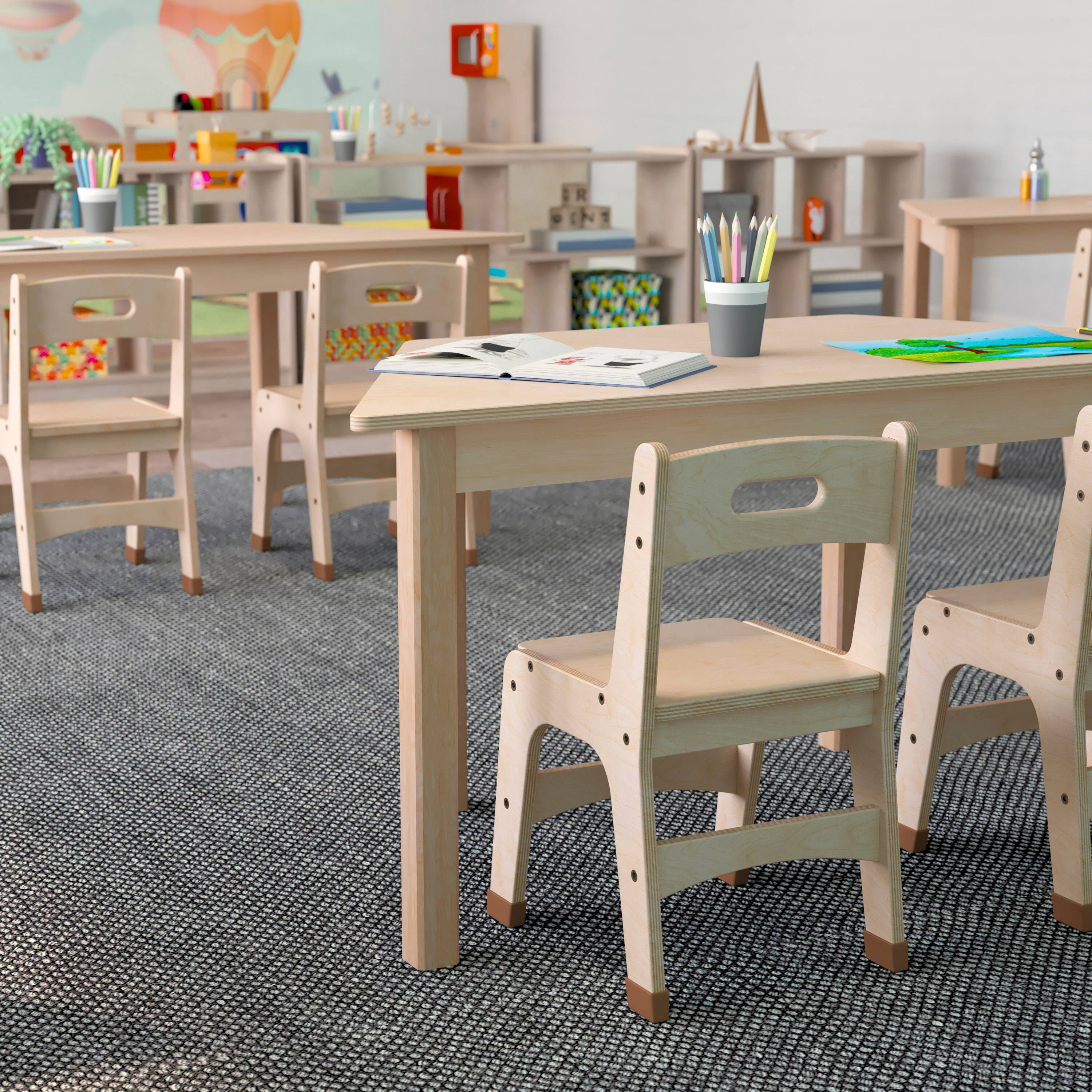 Alt View 3. Flash Furniture - Bright Beginnings Commercial Grade Wooden Trapezoid Preschool Classroom Activity Table, (20.75"W x 47.25"D x 21"H), Beec - Natural.