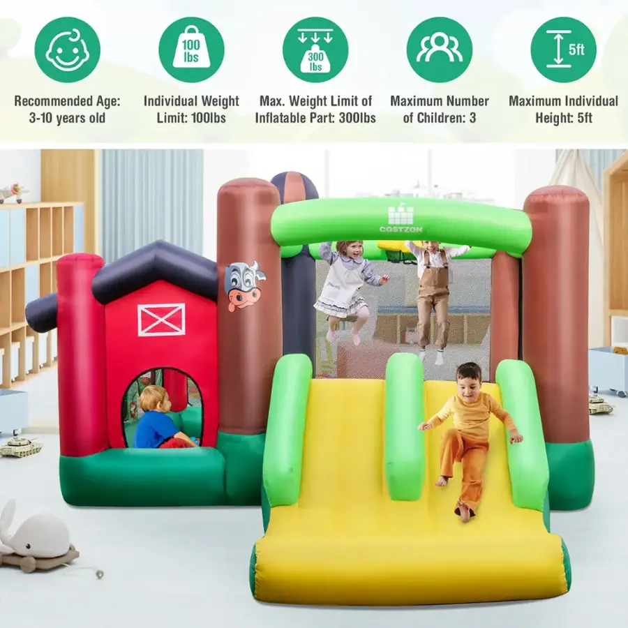 The text on the image is grouped and corrected as follows:

1. Recommended Age: 3-10 years old
2. Individual Weight: Maximum weight limit of 100 lbs
3. Maximum Number: Maximum number of children allowed is 3
4. Height: 5 ft
5. Cost: $100