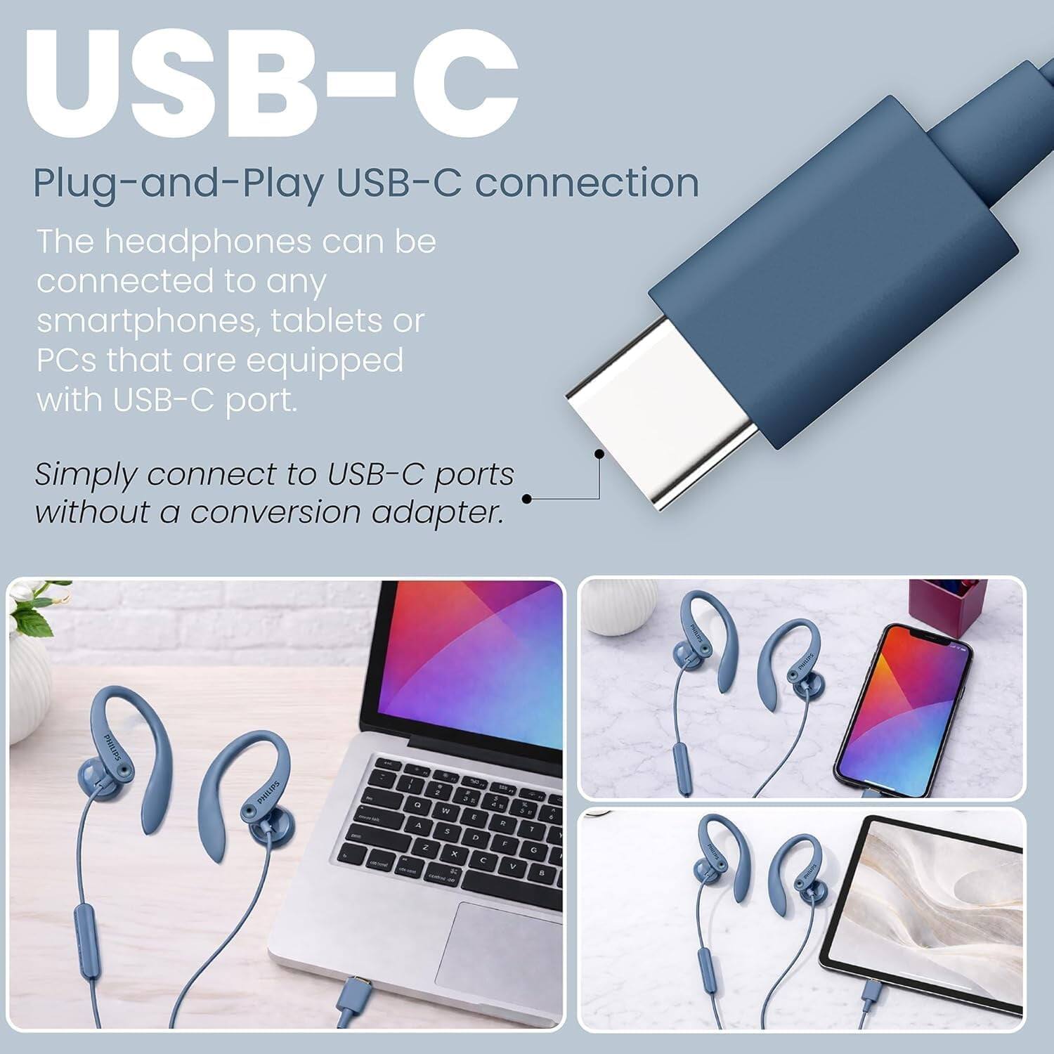 USB-C Plug-and-Play USB-C connection  
The headphones can be connected to any smartphones, tablets or PCs that are equipped with USB-C port.  
Simply connect to USB-C ports without a conversion adapter.