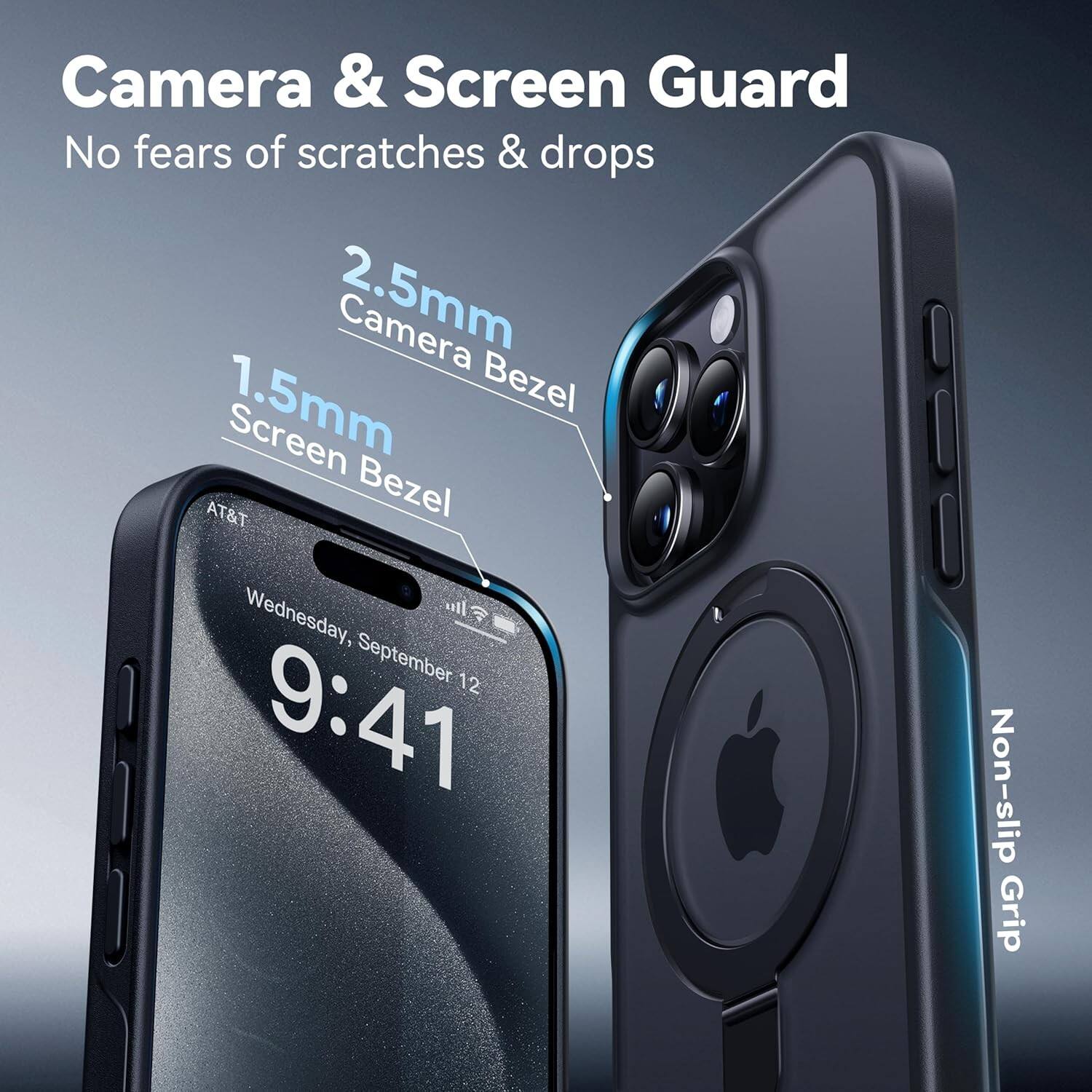 Camera & Screen Guard  
No fears of scratches & drops  

2.5mm Camera Bezel  
1.5mm Screen Bezel  

Non-slip Grip  

Wednesday, September 12  
9:41