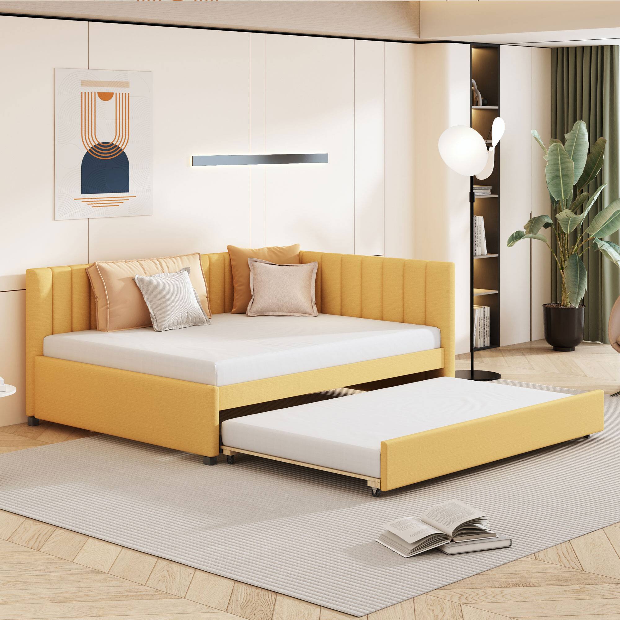 Front. Tiramisubest - Full Size Upholstered Daybed with Trundle Sofa Bed Frame No Box Spring Needed, Linen Fabric(Yellow) - Yellow.