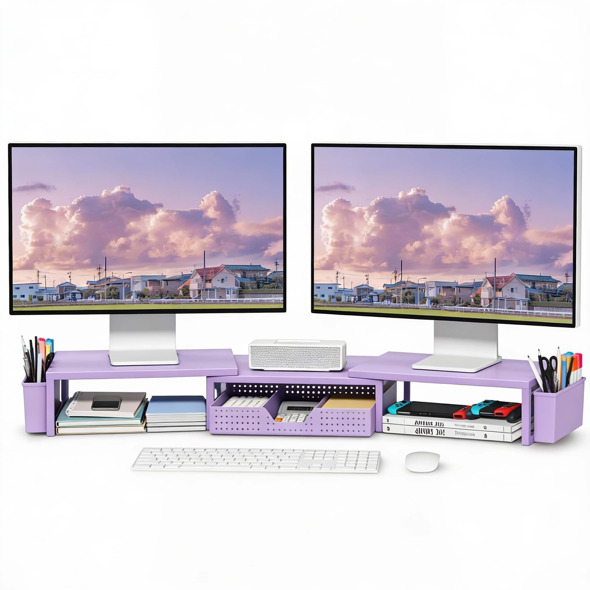 Frangdom - Monitor Riser Drawer Pen Holders Desk Organizer - Metal Purple With drawer and pen holder