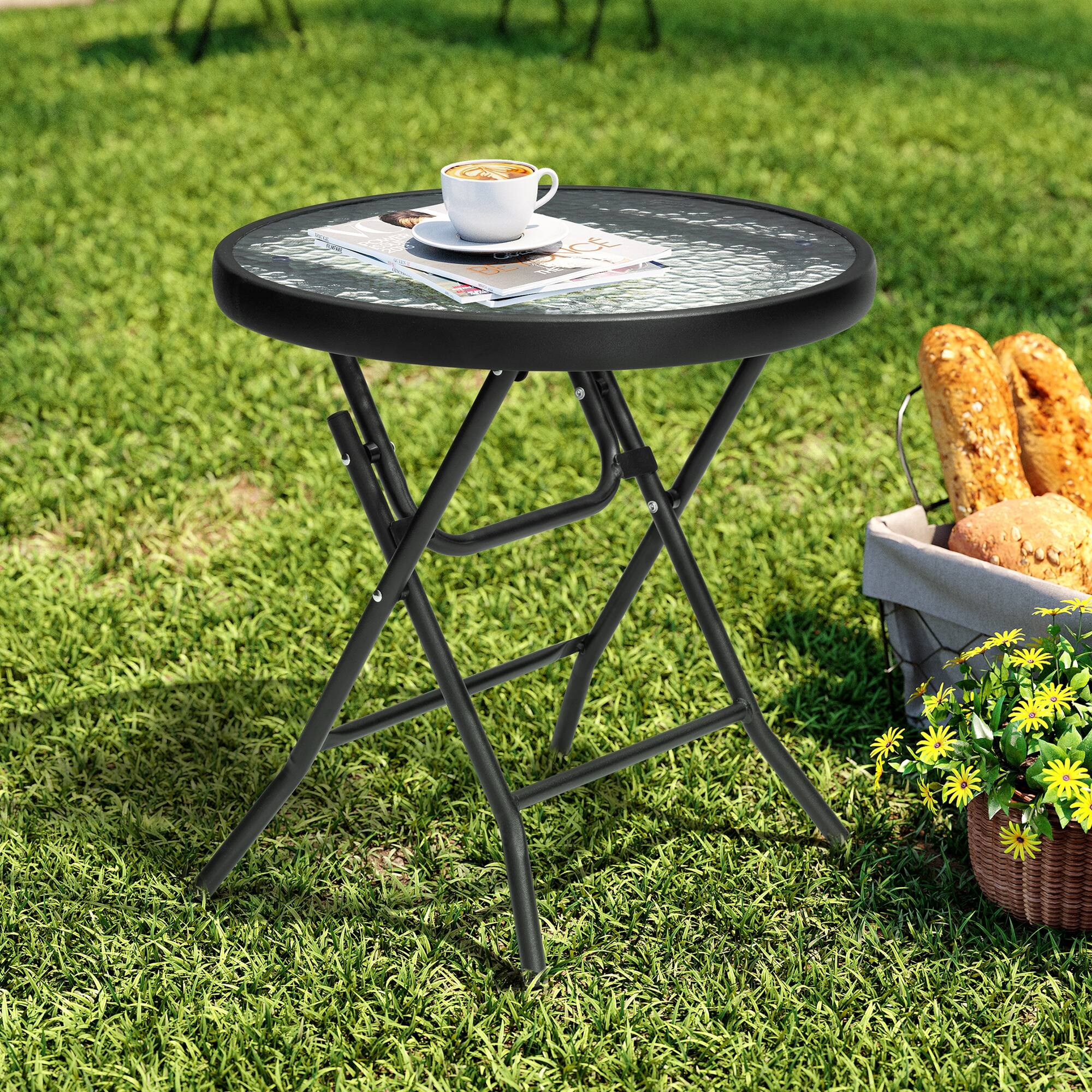 Alt View 4. Crestlive Products - Crestlive Products 18-inch Outdoor Foldable Round Side Table Set with Tempered Glass Top - Black.