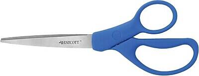 Front. Westcott - Preferred Line Stainless Steel Scissors, 8" Length, 3-1/2" Cut, Blue - Red.