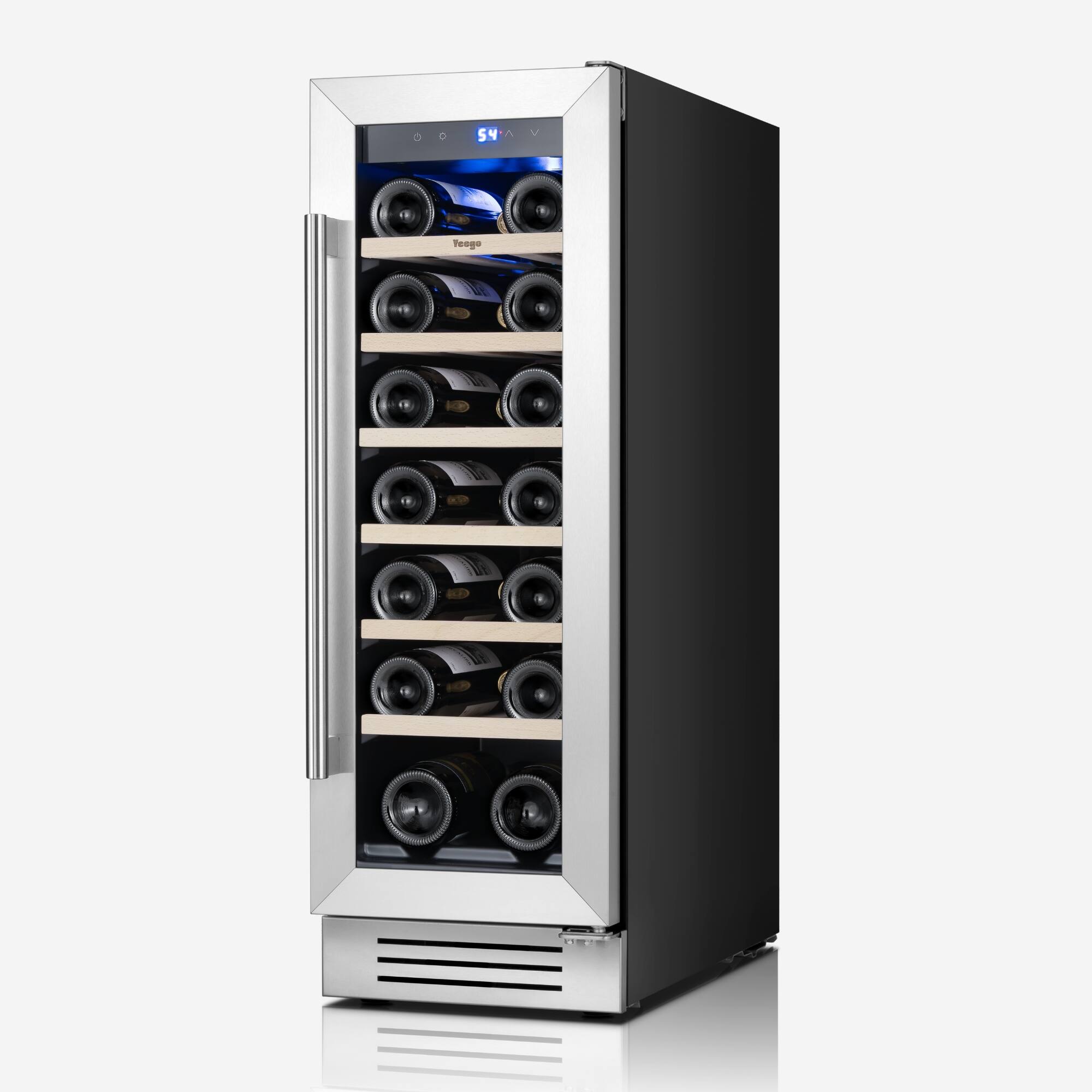 Left. Yeego - Yeego 12" 18-Bottle Wine Cooler: Compressor fridge, glass door， built-in/freestanding. - Stainless Steel.