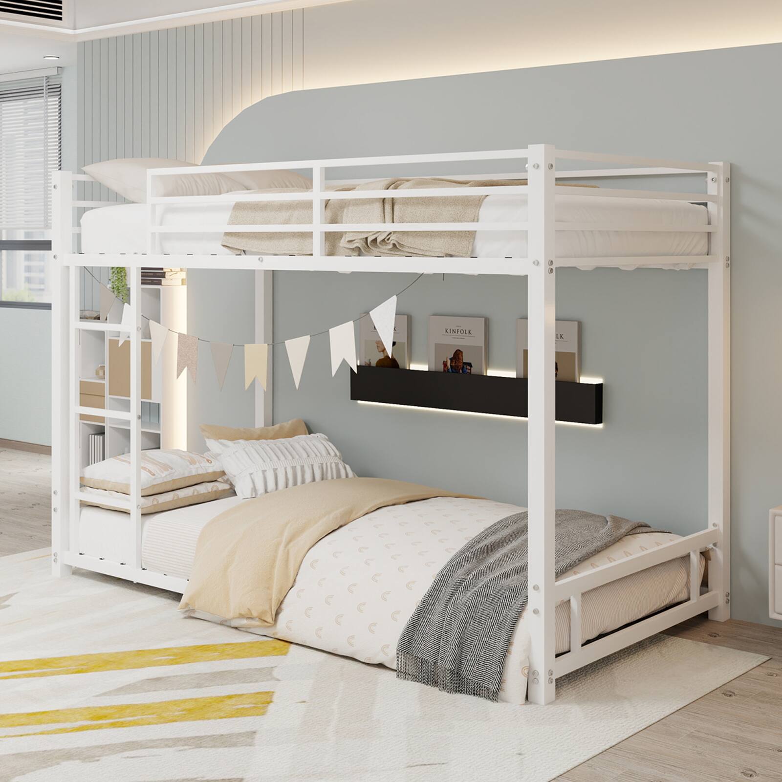 Angle. Loheer - Loheer White Metal Twin over Twin Bunk Bed Heavy Duty Sturdy Frame with Safety Guardrail Noise Reduced - White.