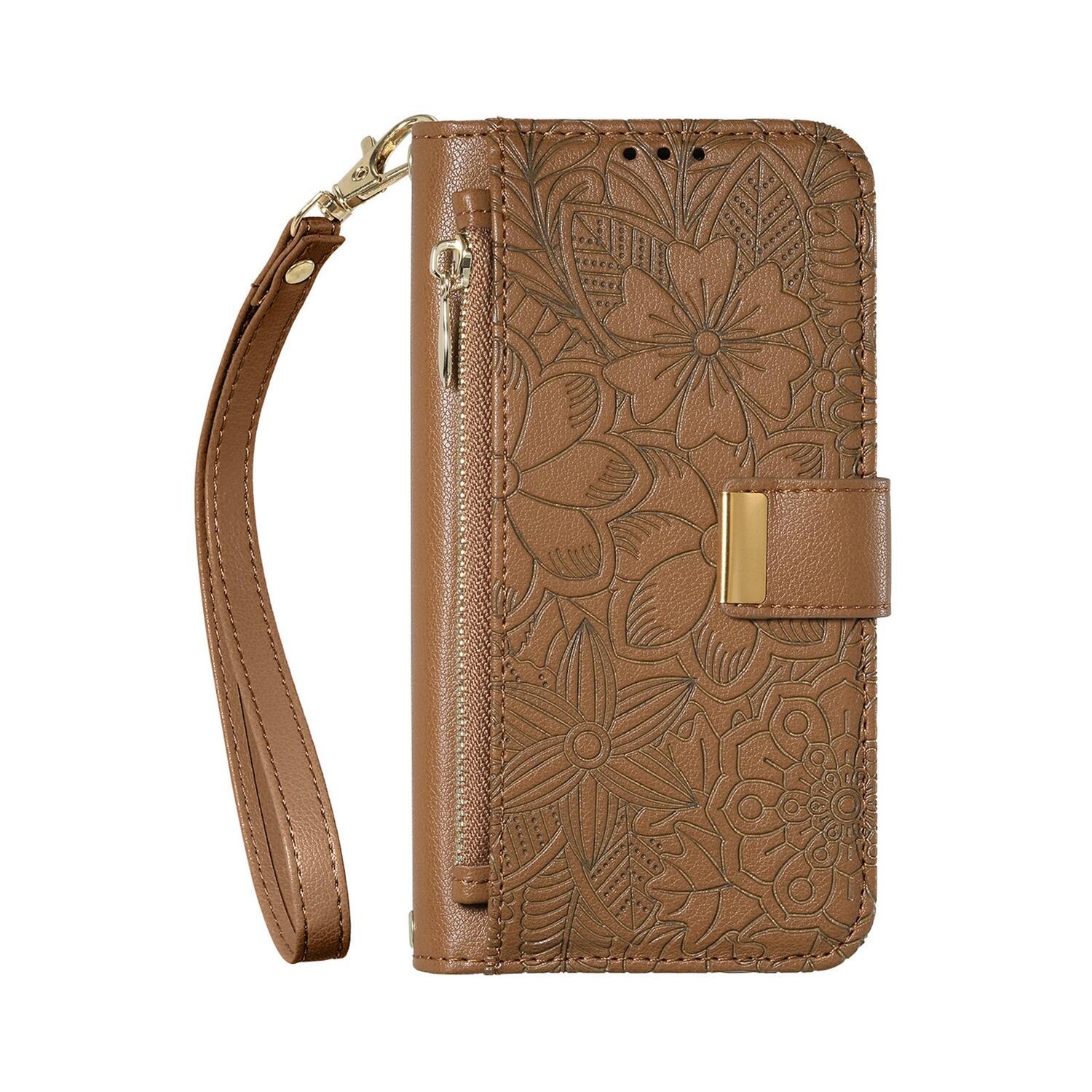 Alt View 6. Dteck - Floral Embossed Leather Zipper Cash Slot Wallet Case for Apple iPhone 16 Plus with Detachable Strap - Brown.