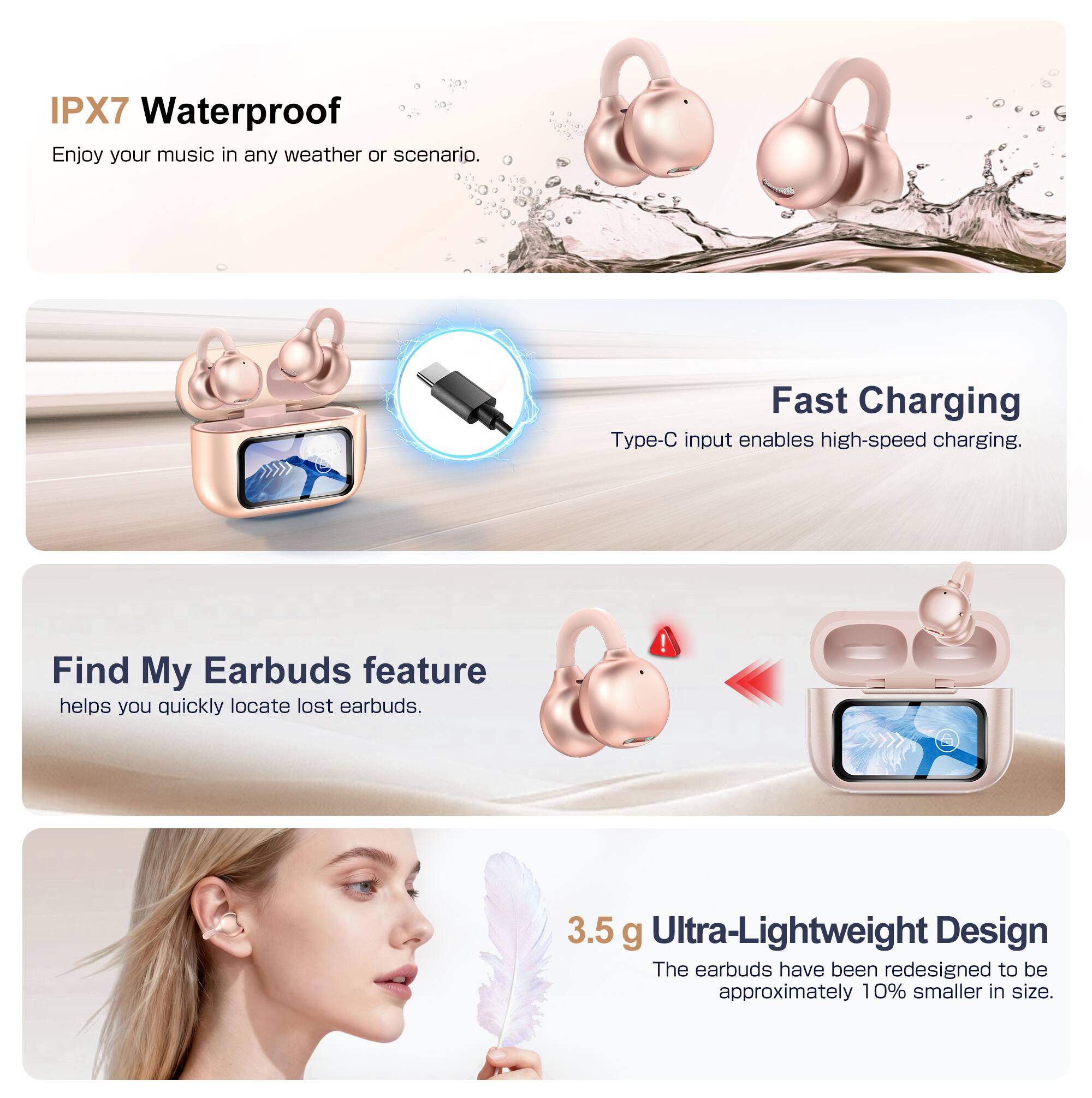 IPX7 Waterproof  
Enjoy your music in any weather or scenario.  

Fast Charging  
Type-C input enables high-speed charging.  

Find My Earbuds feature  
helps you quickly locate lost earbuds.  

3.5 g Ultra-Lightweight Design  
The earbuds have been redesigned to be approximately 10% smaller in size.