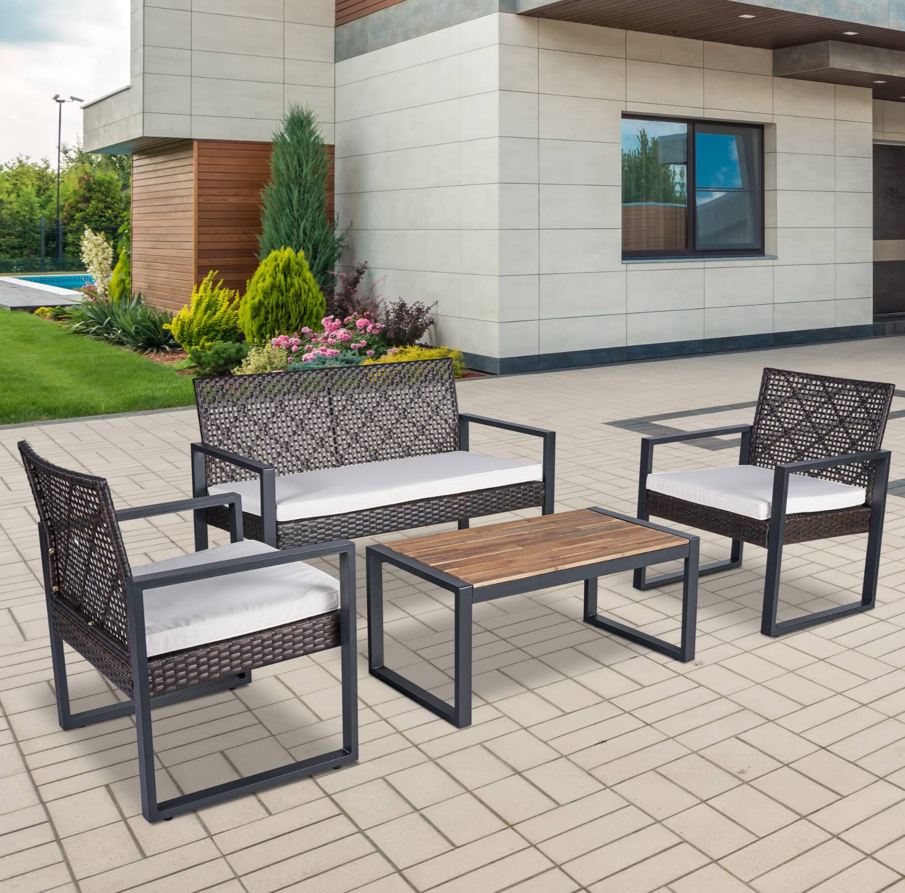 Angle. Siljoy - 4-Piece Patio Set, Acacia Wood Tabletop, Brown & Beige Cushions - Brown.