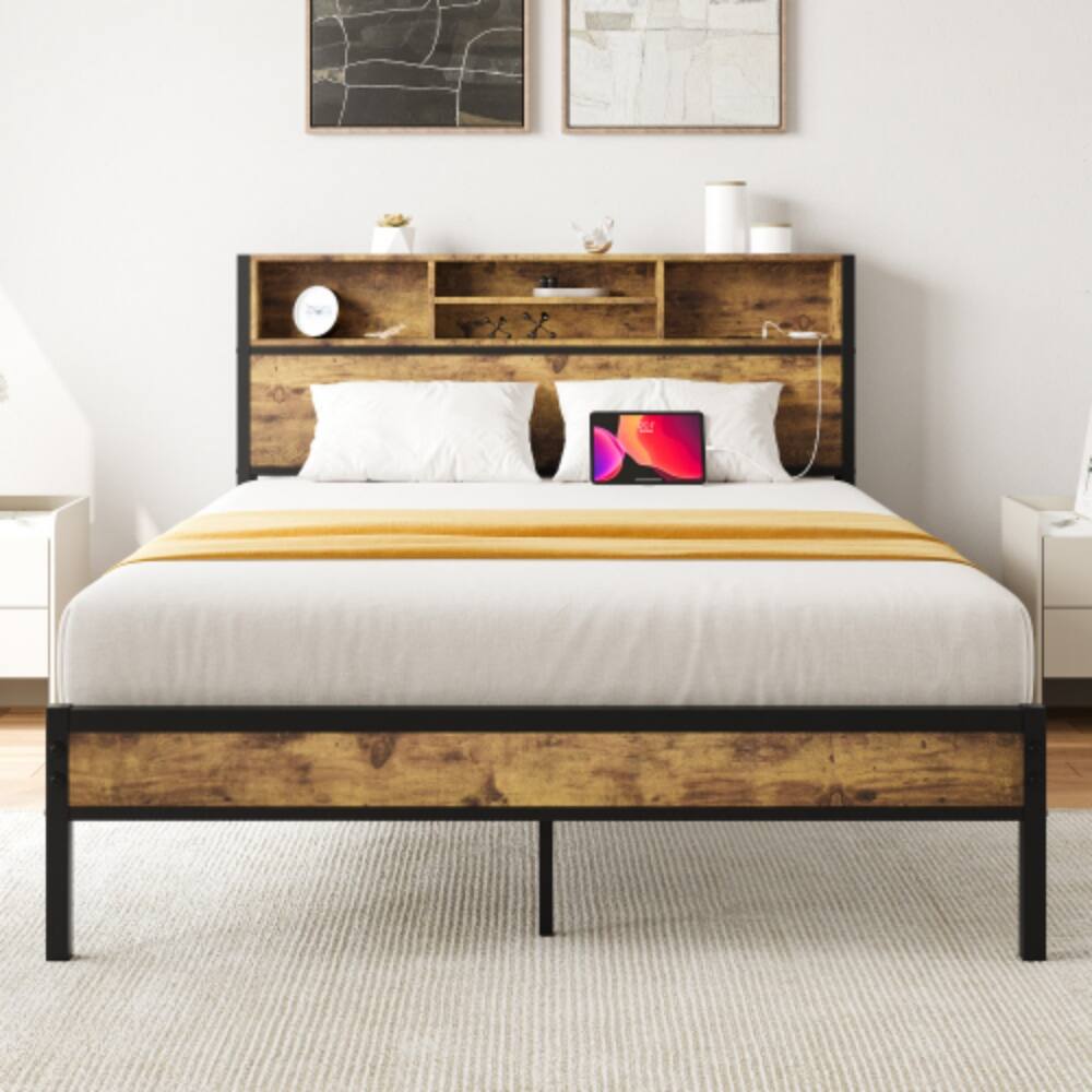 Front. LUCKY ONE - Full Size Bed Frame with Storage Headboard, USB Charging Station, Bookcase, Metal Platform, No Box Spring Needed - Black.