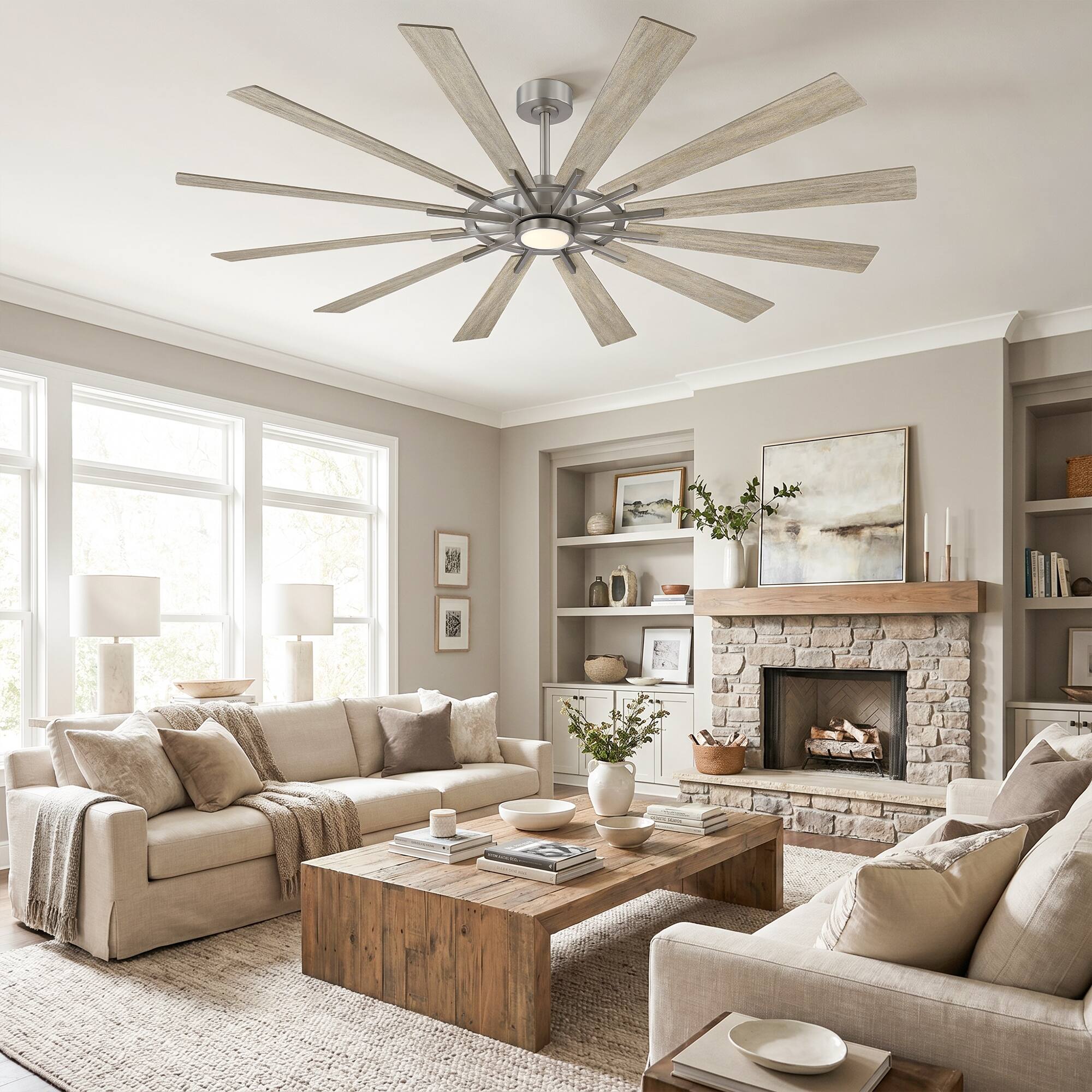 Angle. Parrot Uncle - 72" Large Farmhouse 12-Blade  Windmill Ceiling Fan with Dimmable LED Light and 6-Speed Remote - Nickle.