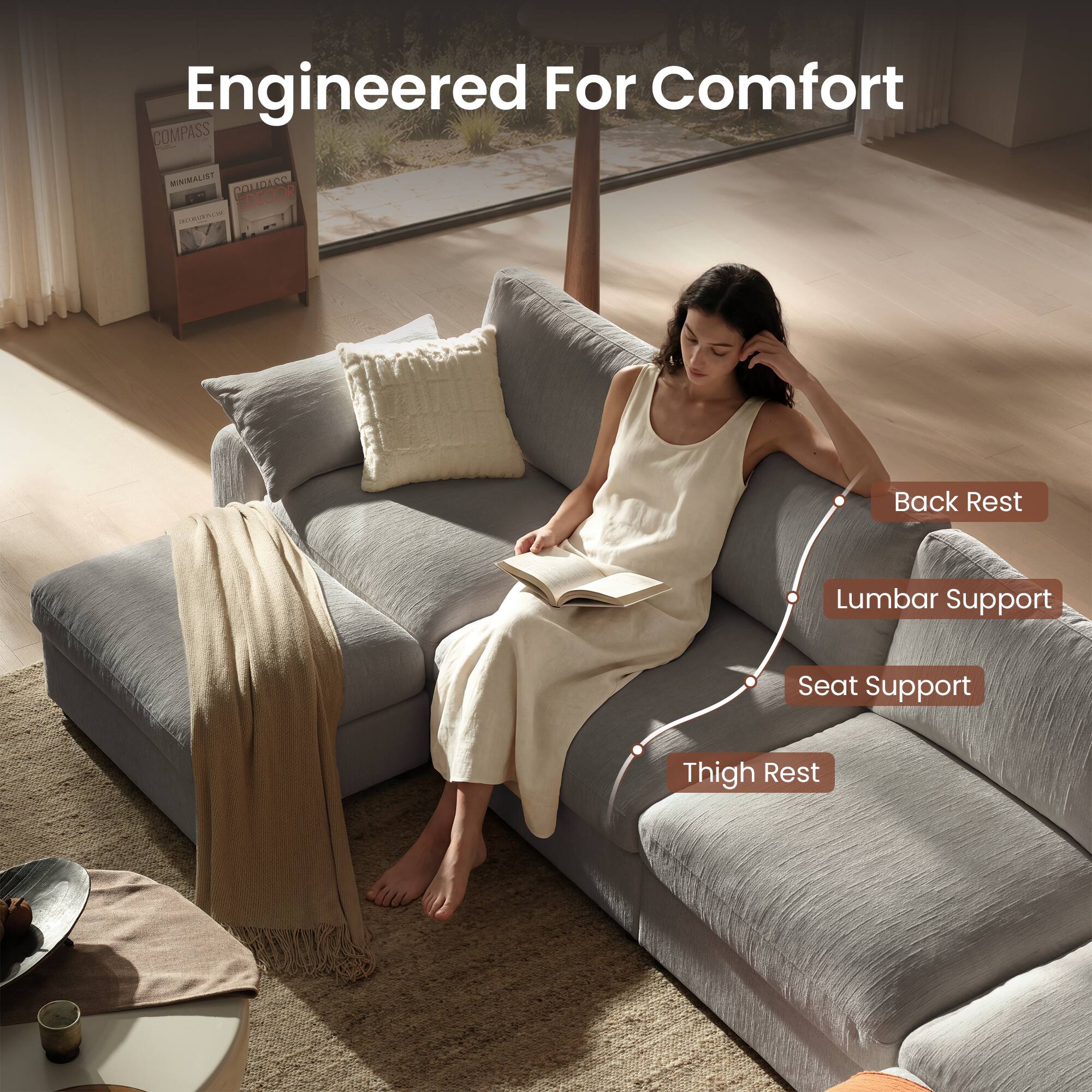 Engineered For Comfort  
COMPASS | MINIMALIST DOMPAEO 2 DECOR  
- Back Rest  
- Lumbar Support  
- Seat Support  
- Thigh Rest
