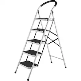 FED Fitness - 5 Step Ladder, Folding Step Stool with Extra Wide Anti-Slip Pedal, 350lbs Lightweight Portable Sturdy Steel Ladders - White