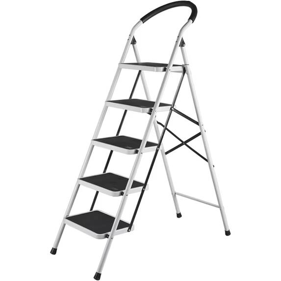Front. FED Fitness - 5 Step Ladder, Folding Step Stool with Extra Wide Anti-Slip Pedal, 350lbs Lightweight Portable Sturdy Steel Ladders - White.