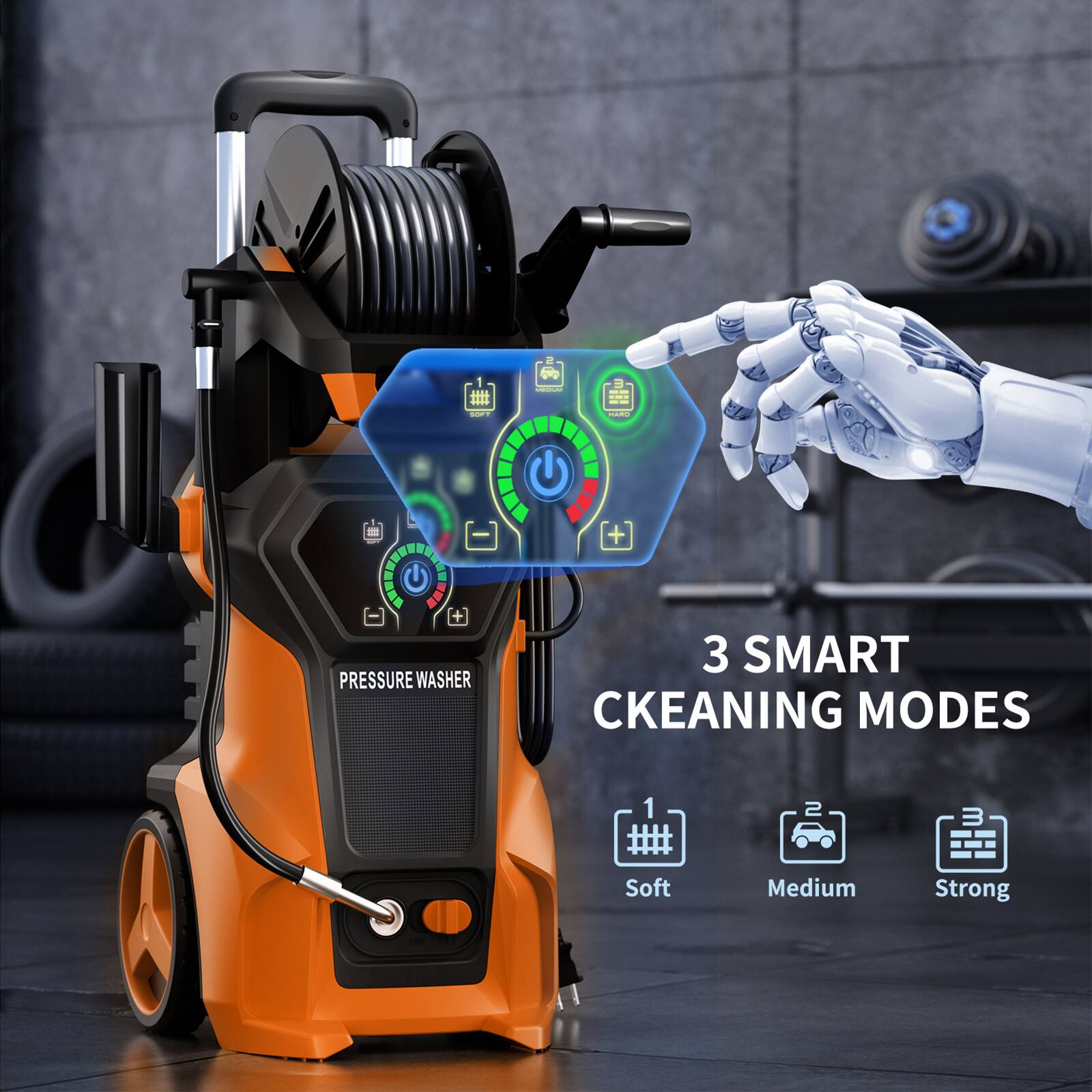 PRESSURE WASHER, 3 SMART CLEANING MODES, Soft, Medium, Strong