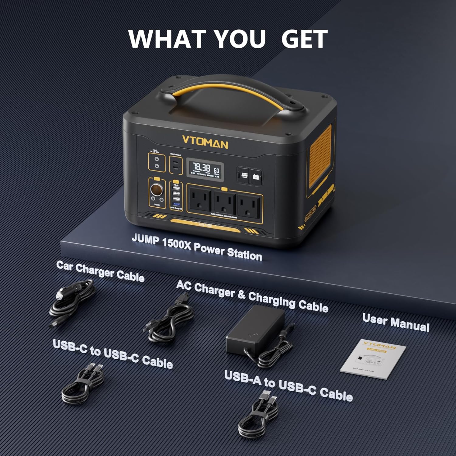 WHAT YOU GET

VTOMAN 18.38 60 - JUMP 1500X Power Station

- Car Charger Cable
- AC Charger & Charging Cable
- USB-C to USB-C Cable
- USB-A to USB-C Cable
- User Manual