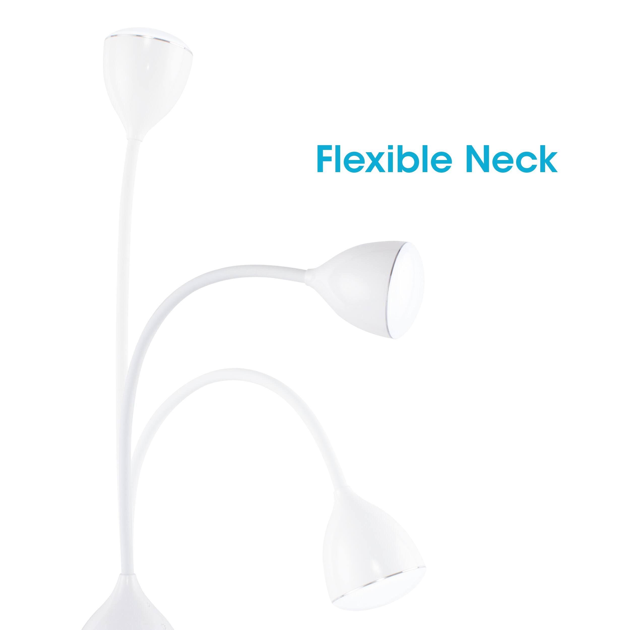 The image features a white lamp with a flexible neck, which allows it to be adjusted and moved in various directions. The lamp is designed to provide ample lighting and can be easily repositioned to suit the user's needs. The flexible neck makes it a versatile and practical lighting solution for different settings and situations.