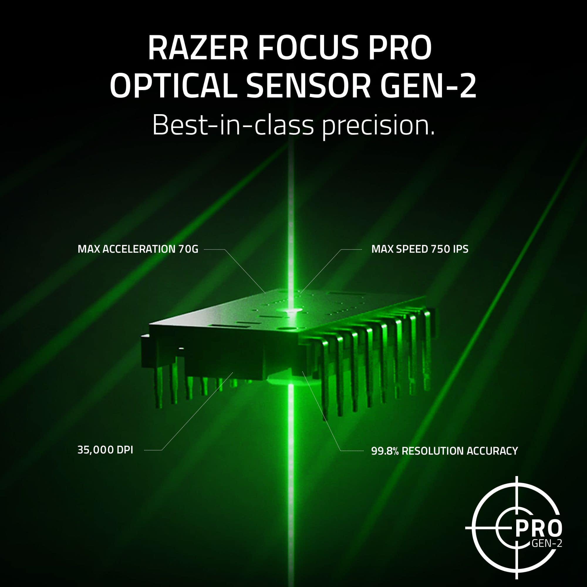 RAZER FOCUS PRO OPTICAL SENSOR GEN-2 Best-in-class precision. MAX ACCELERATION 70G MAX SPEED 750 IPS 35,000 DPI 99.8% RESOLUTION ACCURACY PRO GEN-2