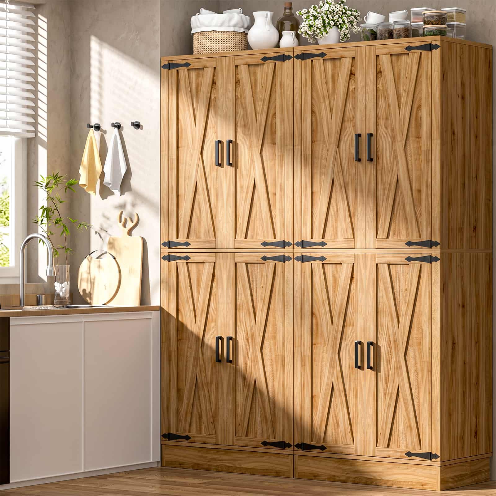 Alt View 3. Aheaplus - 71'' Tall Farmhouse Pantry Storage Cabinet with 4 Barn Doors and Drawer, Cupboard with Adjustable Shelves - Nature Oak.