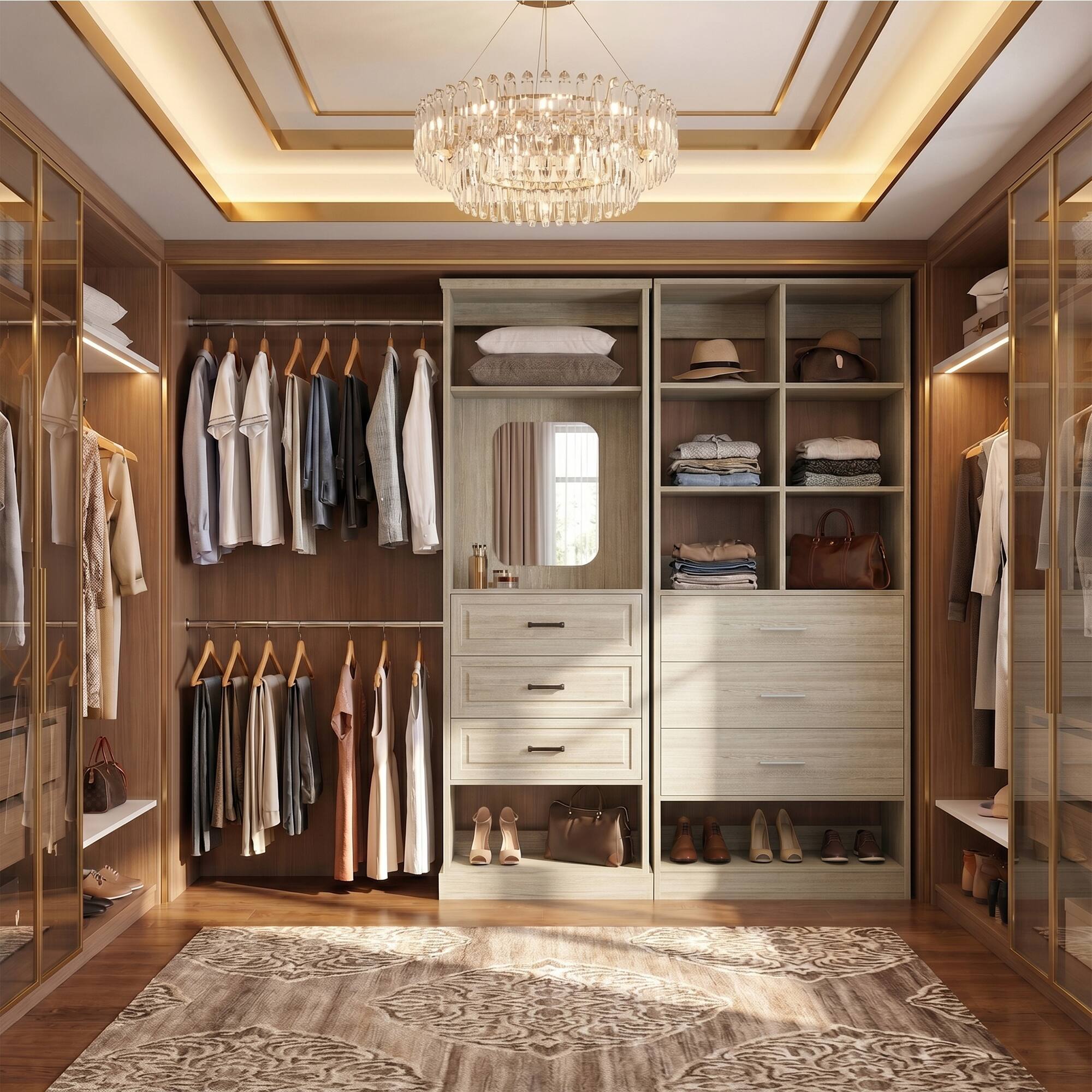 Left. Aheaplus - 56'' - 120'' Wide Adjustable Closet System with Corner, Closet Storage System with 3 Drawers and 6 Hanging Rods - Beige Oak.