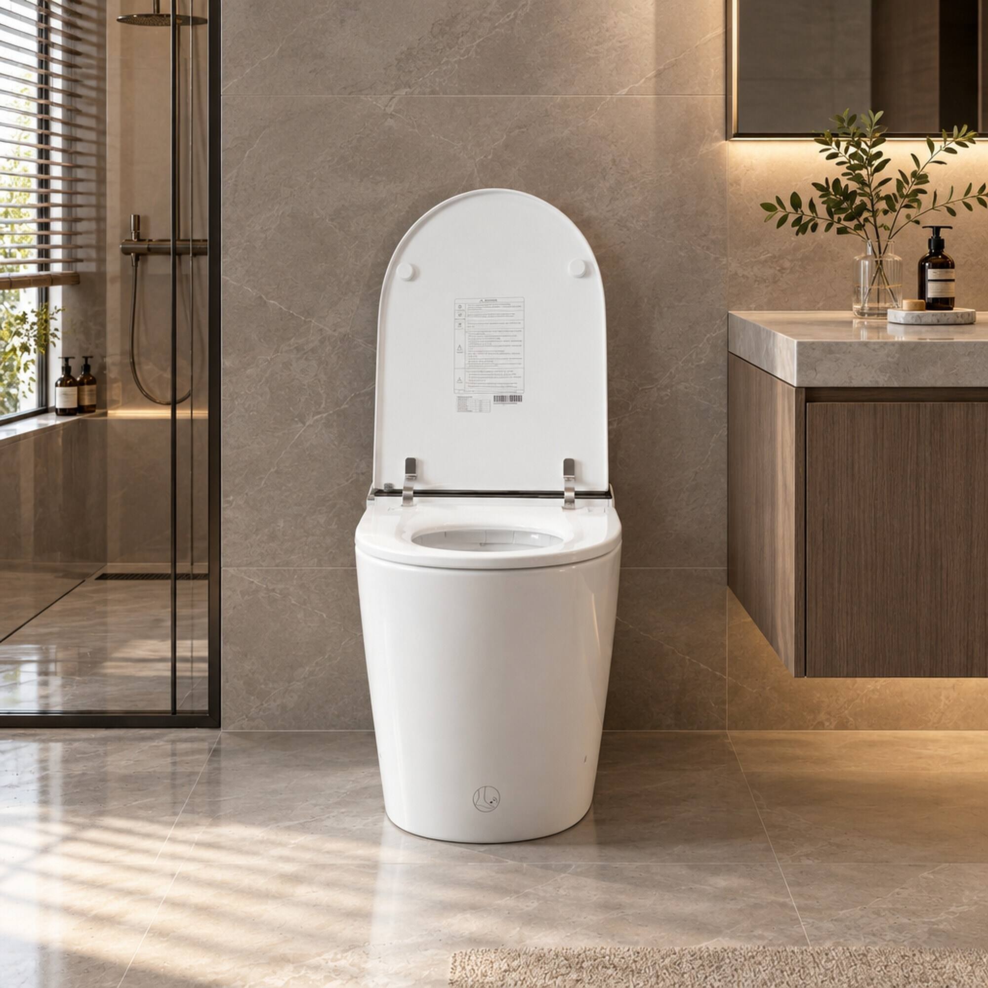 Left. RYHNUYNE - All In One Smart Toilet, No Water Pressure Limit High Speed Drying Automatic Flip Sterilization Splash Proof Foam Shield - White.