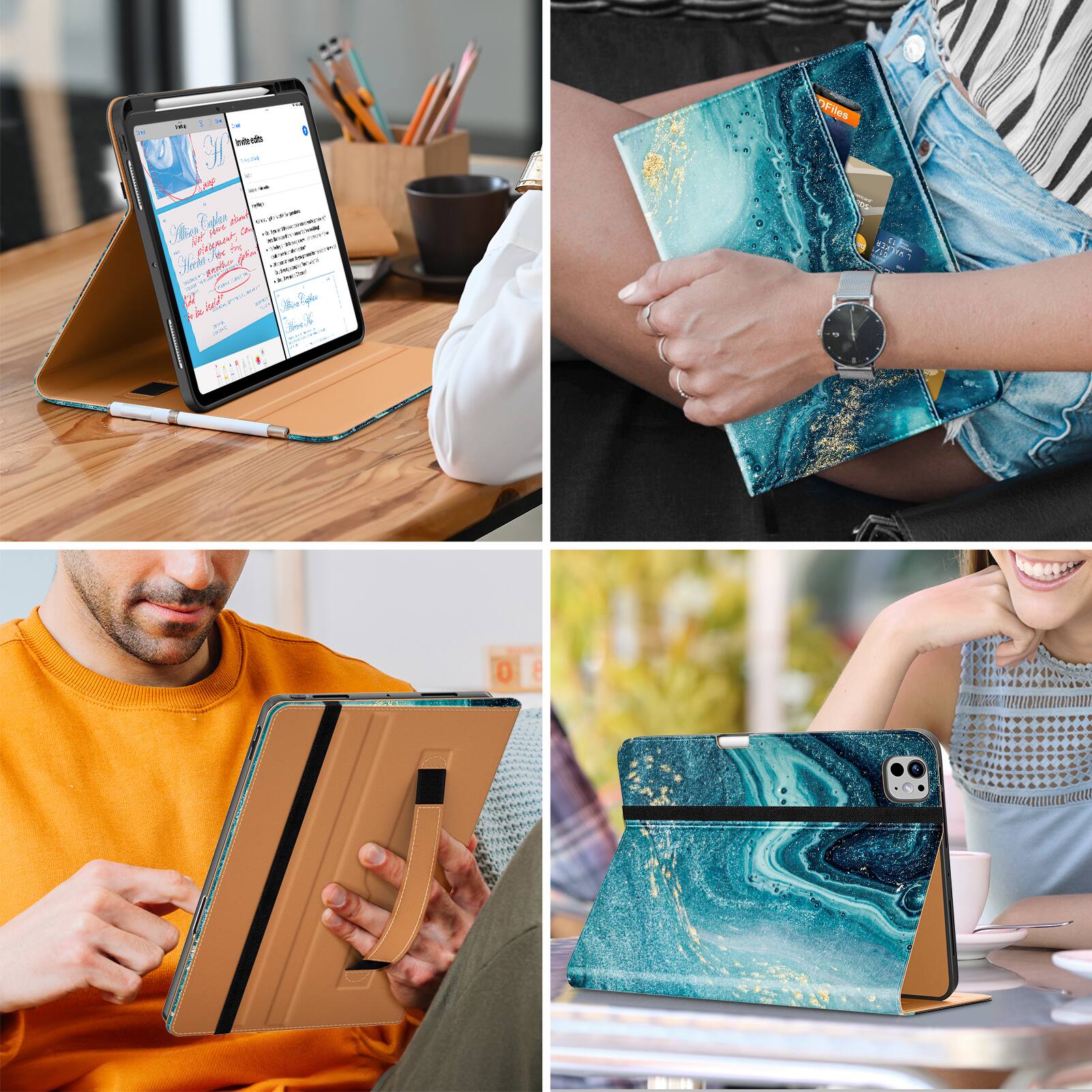 The text in the image is not clearly visible or legible. However, based on the context and typical use of tablets, here is a plausible correction and grouping of the text:

1. **Top Left:**
   - "Write Notes"
   - "Notes"
   - "Notes"
   - "Notes"

2. **Top Right:**
   - "PRICES"

3. **Bottom Left:**
   - No discernible text.

4. **Bottom Right:**
   - No discernible text.

The text appears to be related to note-taking and pricing, possibly for a product or service.