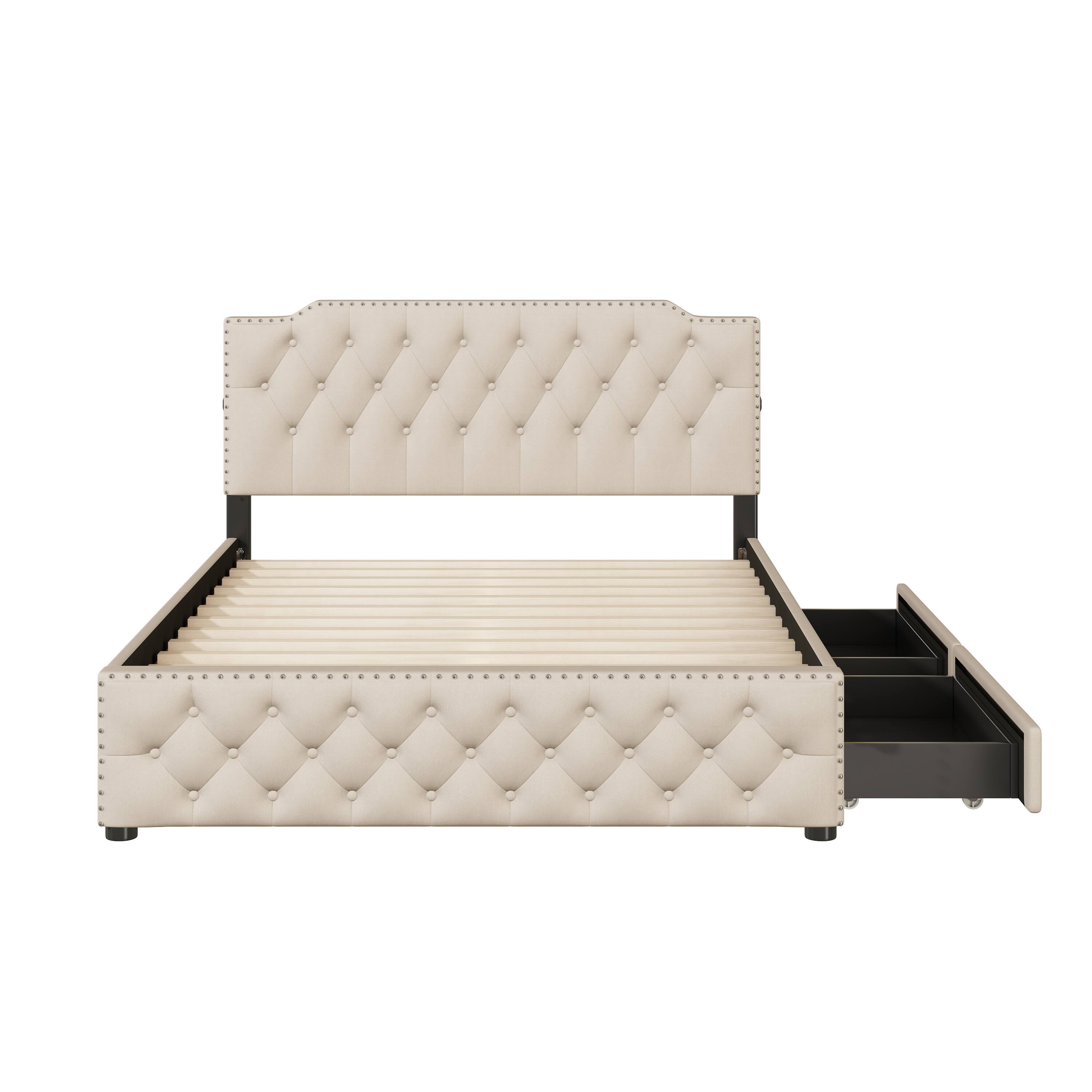 Alt View 2. Tiramisubest - Queen Size Upholstered Platform Bed with 2 Drawers and 2 sets of USB Ports on each side, Linen Fabric, Beige - Beige.