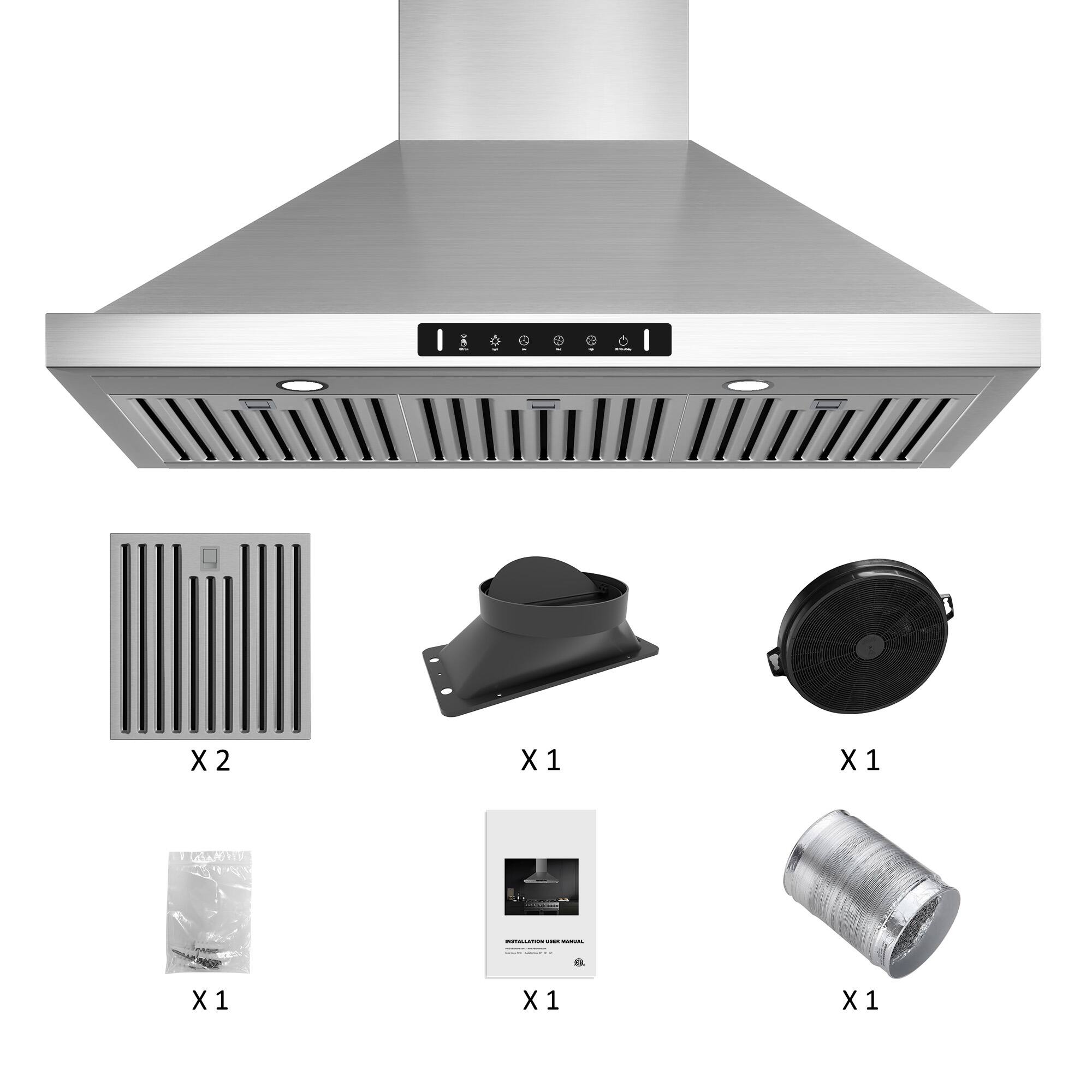 Left. VIKIO - 36 inch Convertible 900-CFM Recirculating Stainless steel Wall-Mounted Range Hood with Charcoal Filter - Stainless steel.