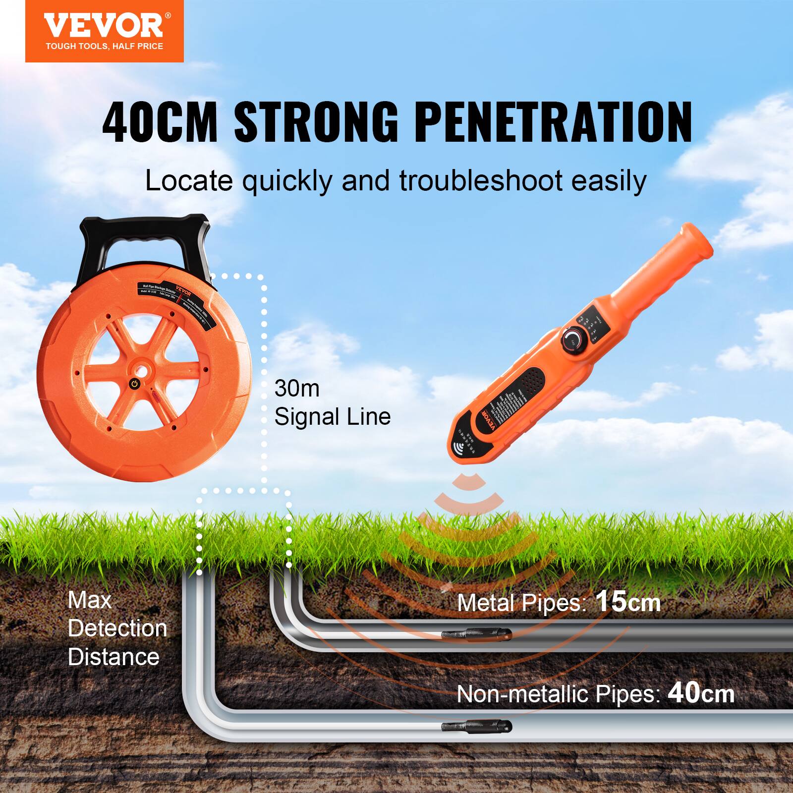 VEVOR TOUGH TOOLS, HALF PRICE

40CM STRONG PENETRATION

Locate quickly and troubleshoot easily

30m Signal Line

Max Detection Distance

Metal Pipes: 15cm

Non-metallic Pipes: 40cm