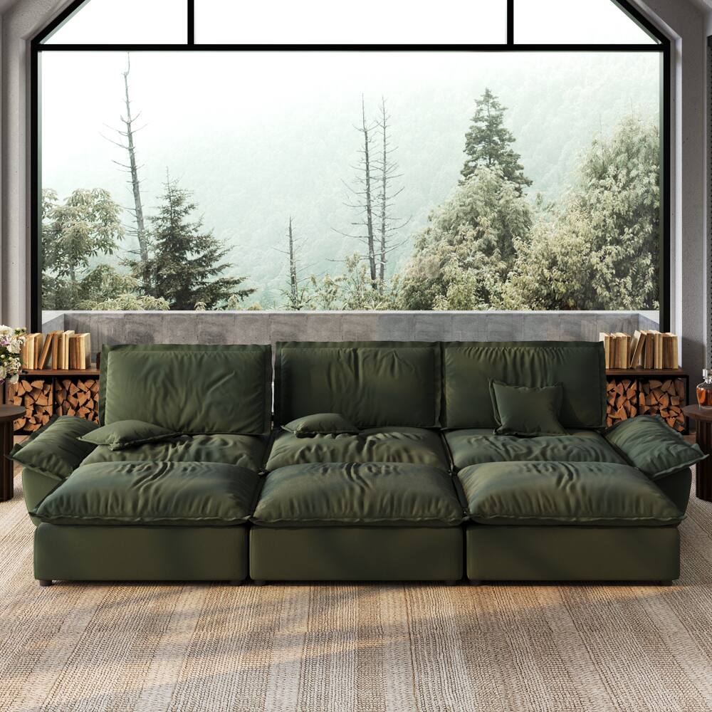 Angle. POVISON - Modern Beige Sleeper Sofa with 3 Ottomans - Green Suede Fabric.