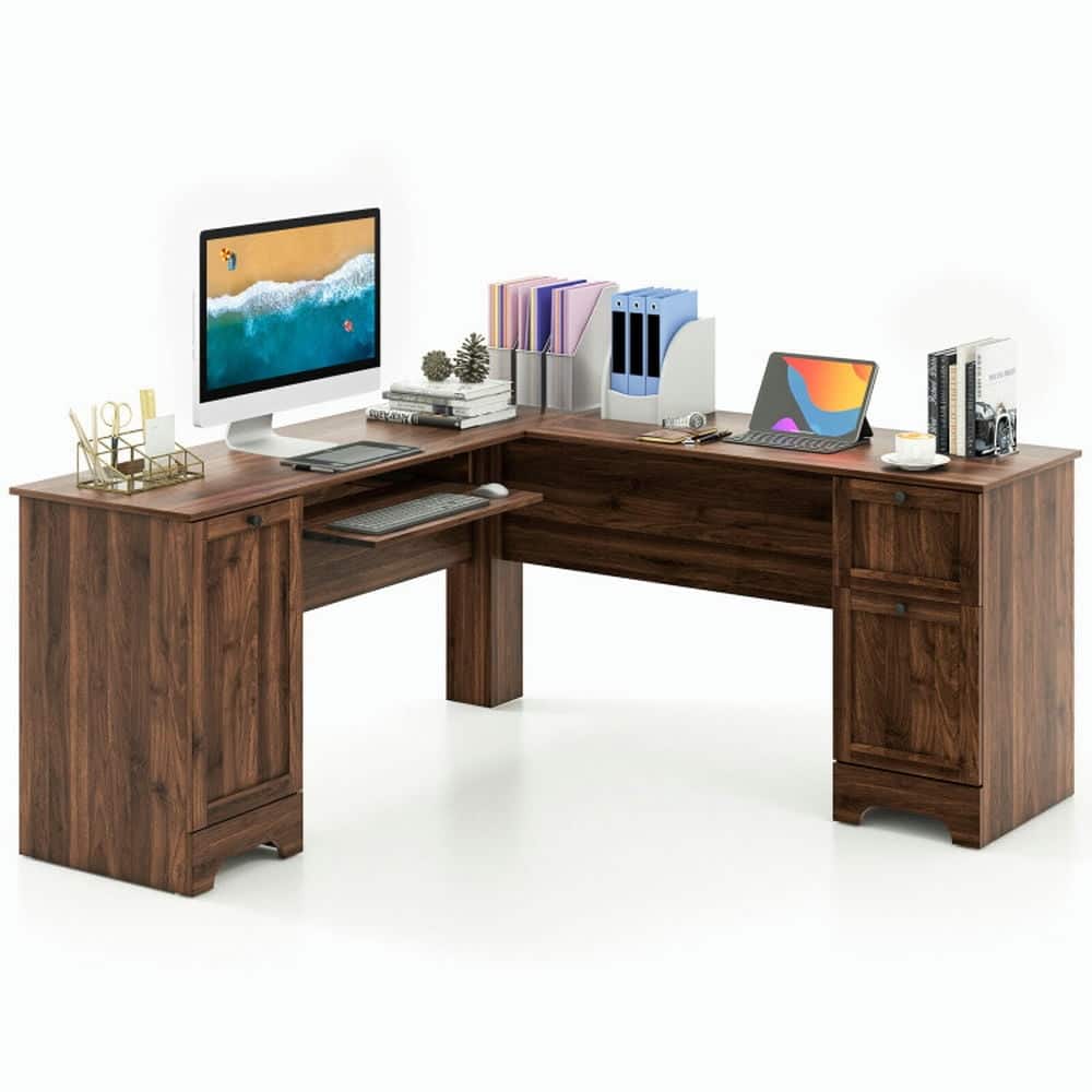 Kadyn - L-Shaped Office Desk with Storage Drawers and Keyboard Tray-Walnut, Home Office Desks, Gaming Computer Desks for Study - Brown