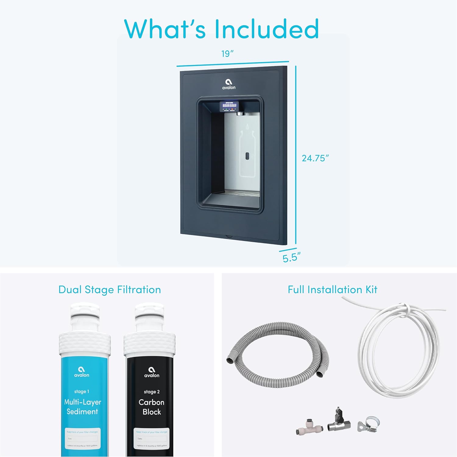 What's Included

19" x 24.75" x 5.5" 

Dual Stage Filtration
- Multi-Layer Sediment
- Carbon Block

Full Installation Kit
