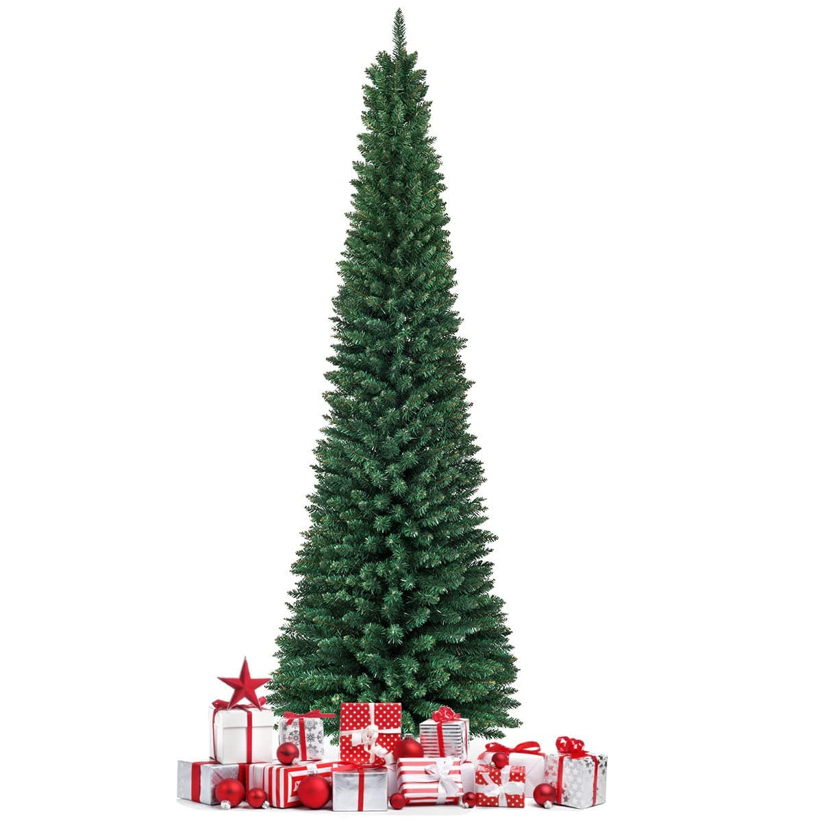 Ecooso - 9ft Slim Artificial Christmas Tree PVC Pencil Shape with Metal Stand for Tall Ceilings - Green