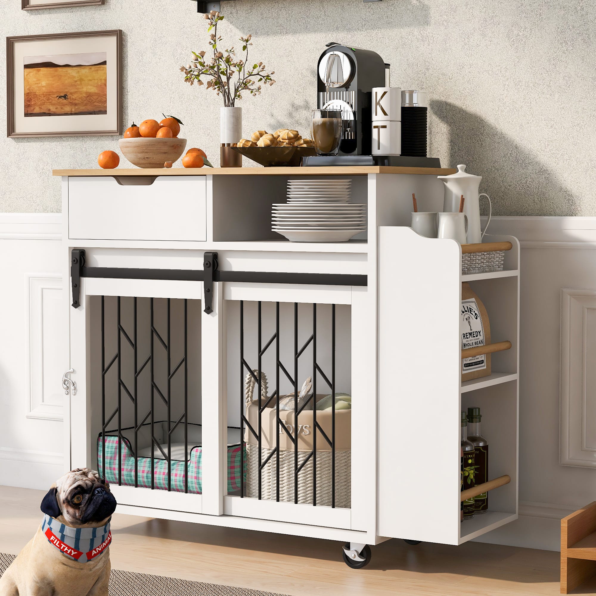 Runesay - 2 In 1 33.8" Cream White Modern Dog Crate Kitchen Island With Storage for Small-sized Dogs up to 40lbs with Wheels