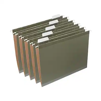 Front. Staples - 100% Recycled Reinforced Hanging File Folder, 1/5-Cut Tab, Letter Size, 25/Box - Standard Green.