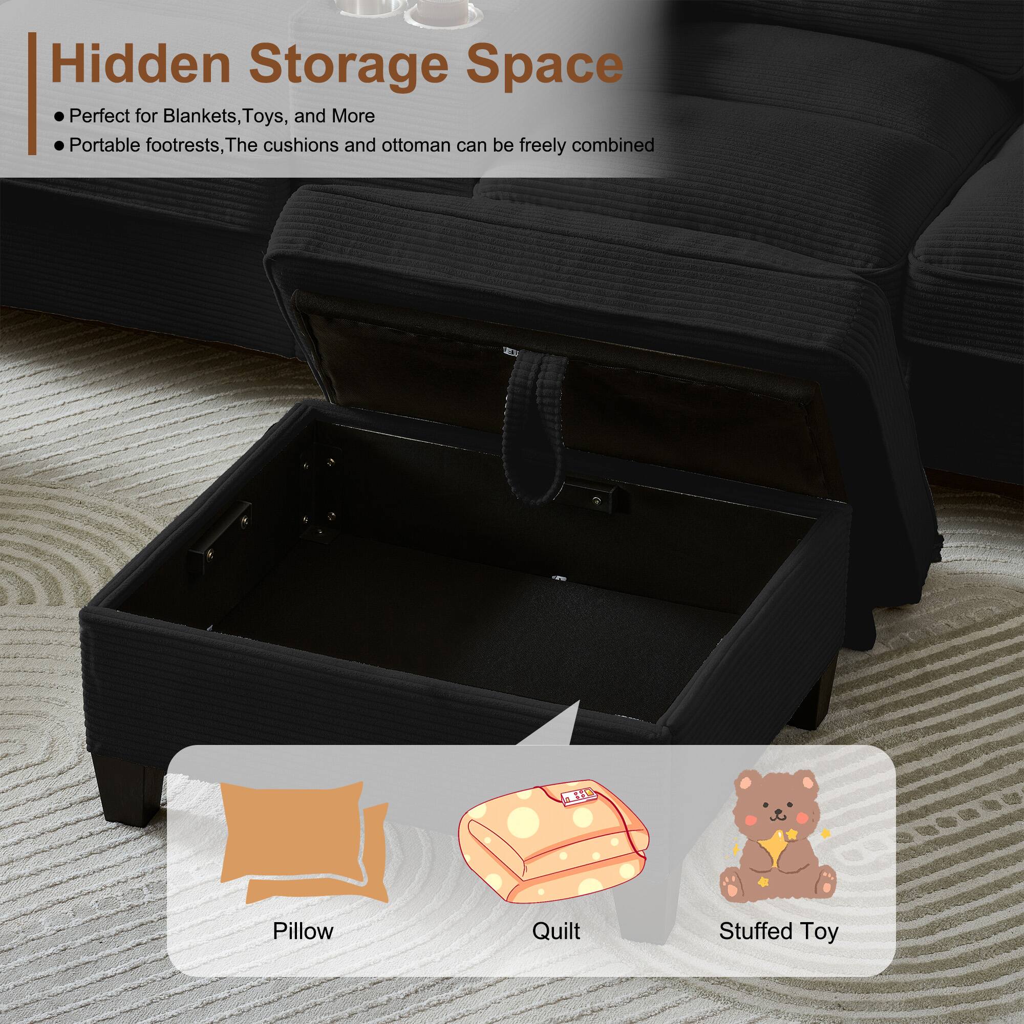 Hidden Storage Space  
Perfect for Blankets, Toys, and More  
Portable footrests, The cushions and ottoman can be freely combined  

Pillow  
Quilt  
Stuffed Toy
