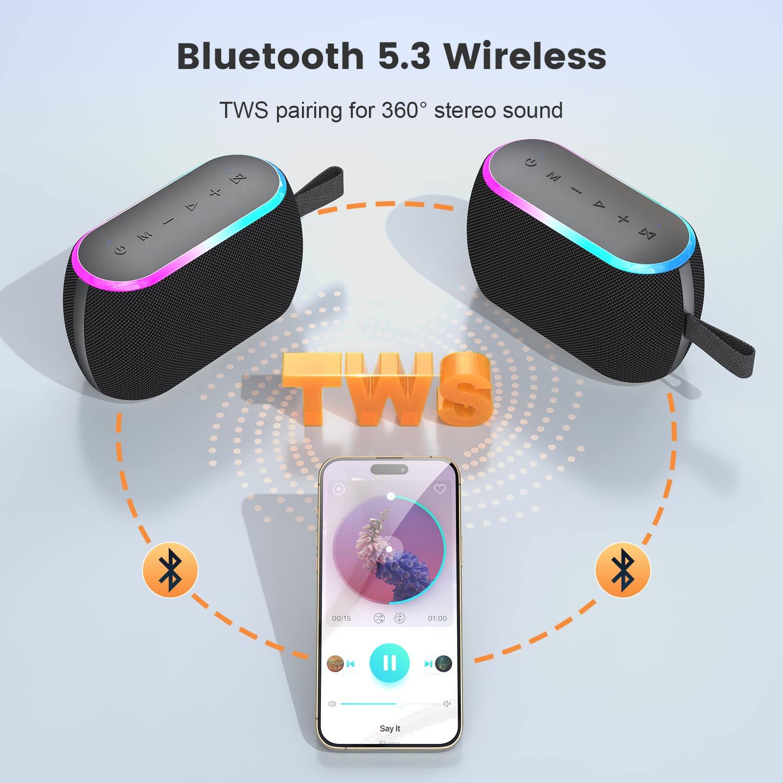Bluetooth 5.3 Wireless  
TWS pairing for 360° stereo sound