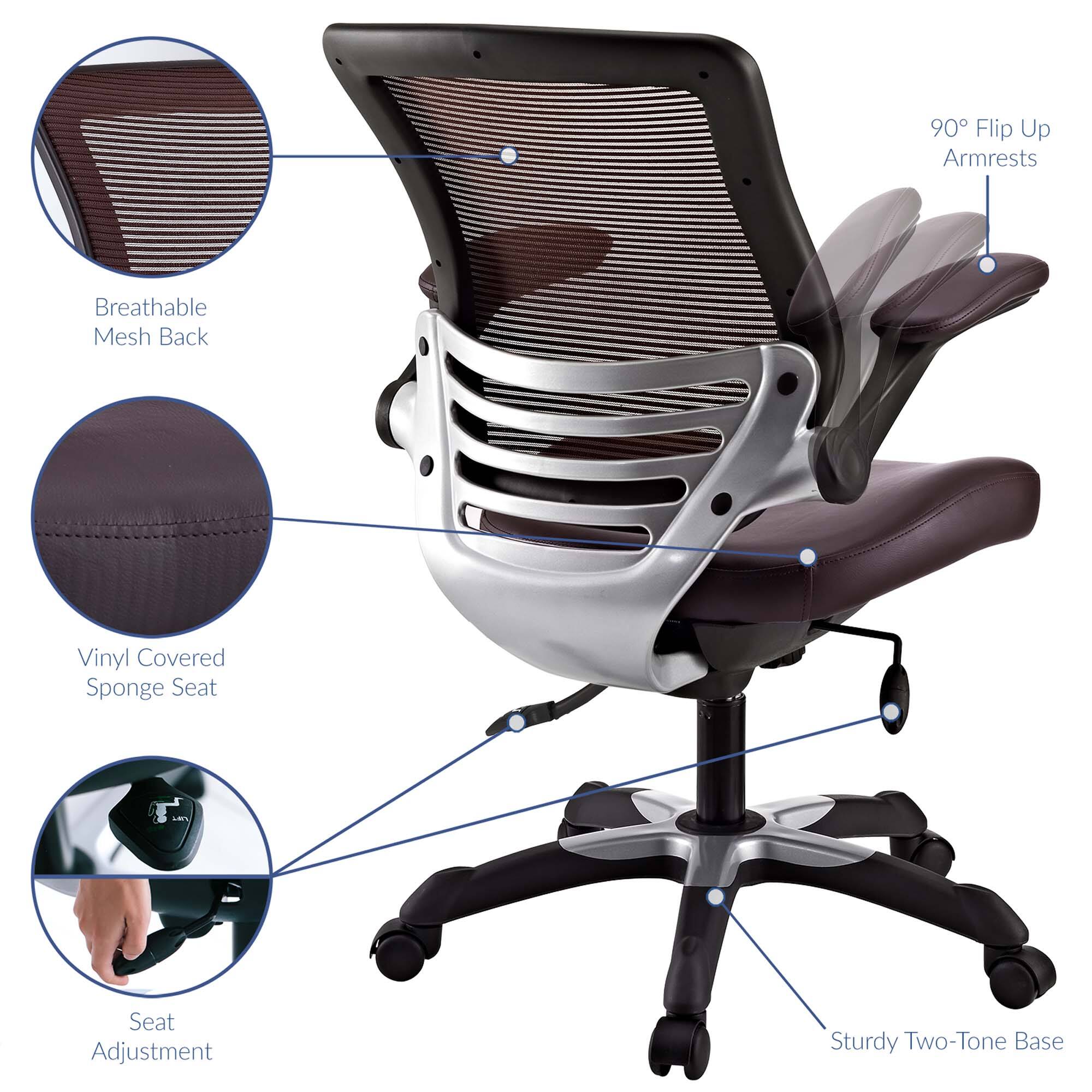 90° Flip Up Armrests  
Breathable Mesh Back  
Vinyl Covered Sponge Seat  
Seat Adjustment  
Sturdy Two-Tone Base