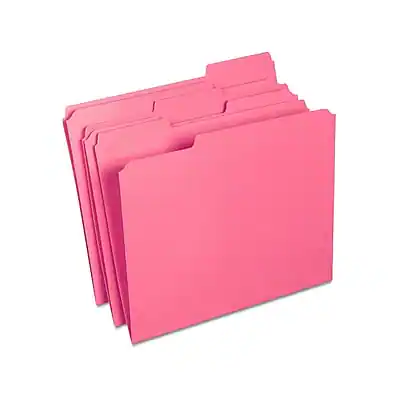 Front. Staples - Staples Reinforced File Folders, 1/3-Cut Tab, Letter Size, Pink, 100/Box (508952) - Pink.