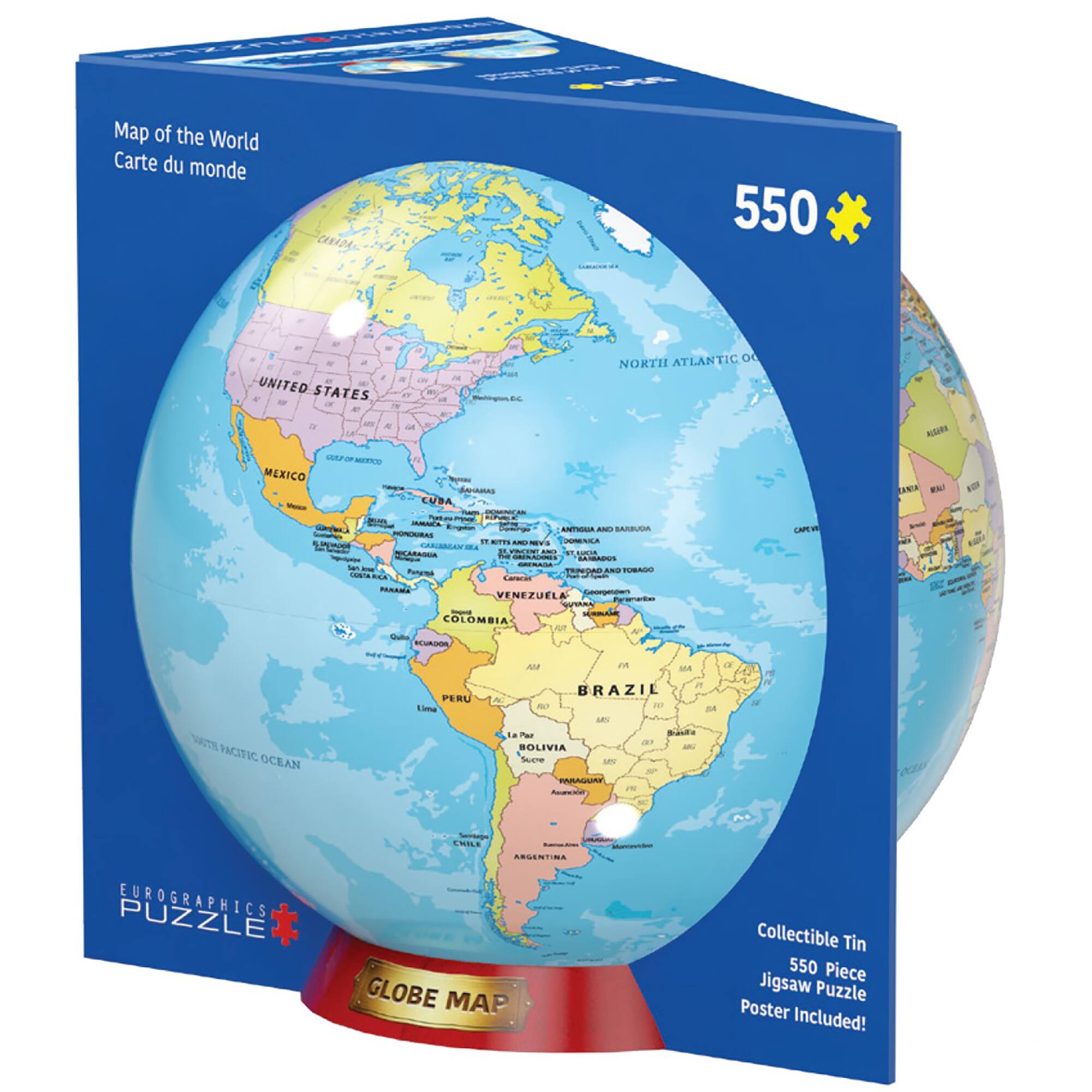 The text on the image is already grouped and correctly written. It reads: "Carte du monde 550 - United States - Atlantic - 06 North - Central - South - Caribbean - Cuba - Mexico - Barbados - Has - Venezuela - Colombia - Peru - Brazil - Argentina - Collectible Tin - 550 Piece Jigsaw Puzzle - Poster Included!"