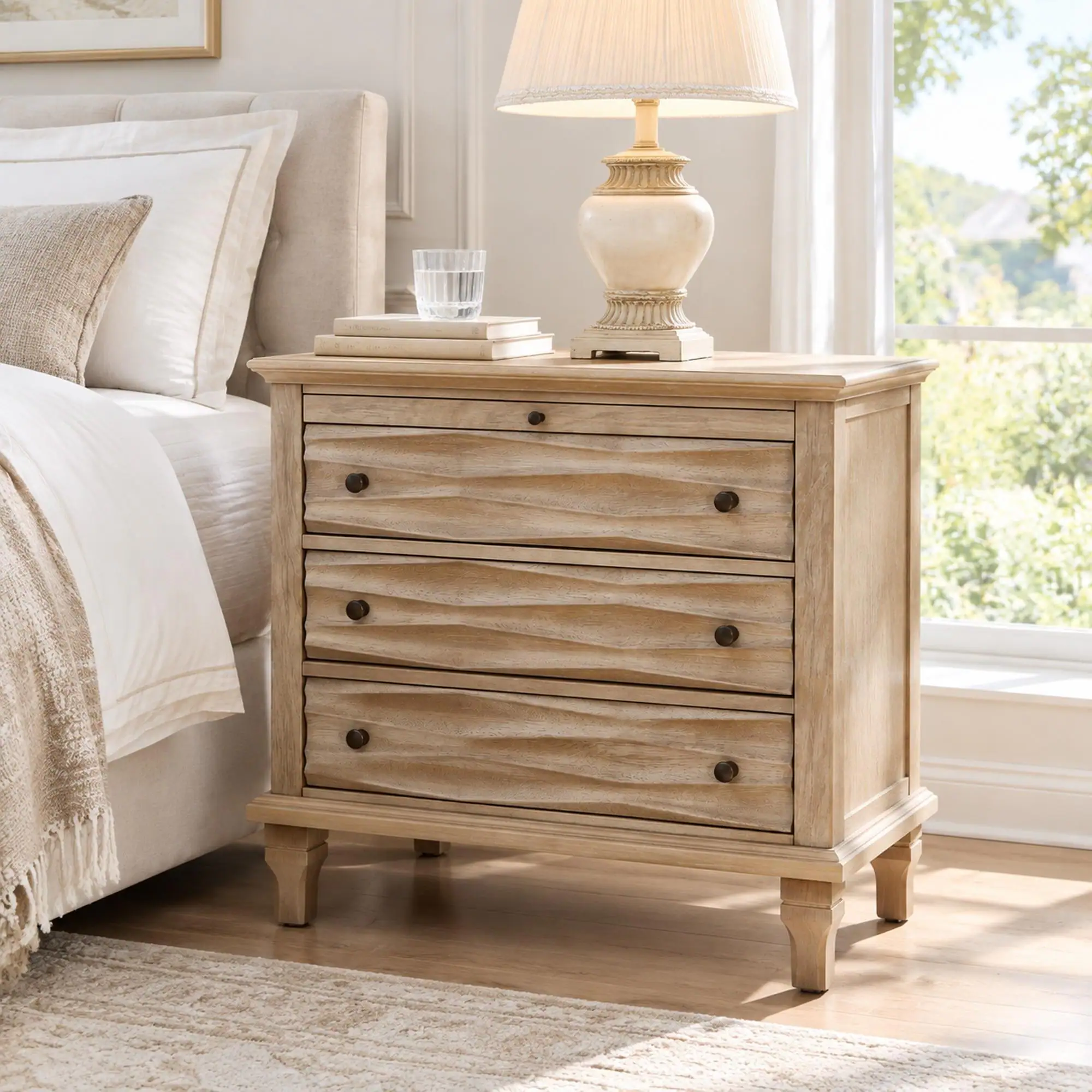 Front. RYHNUYNE - 3 Drawer Nightstand with Charging Station, 28.25 in Wide Bedside Table, Walnut Finish, USB and Type-C Ports - Natural.