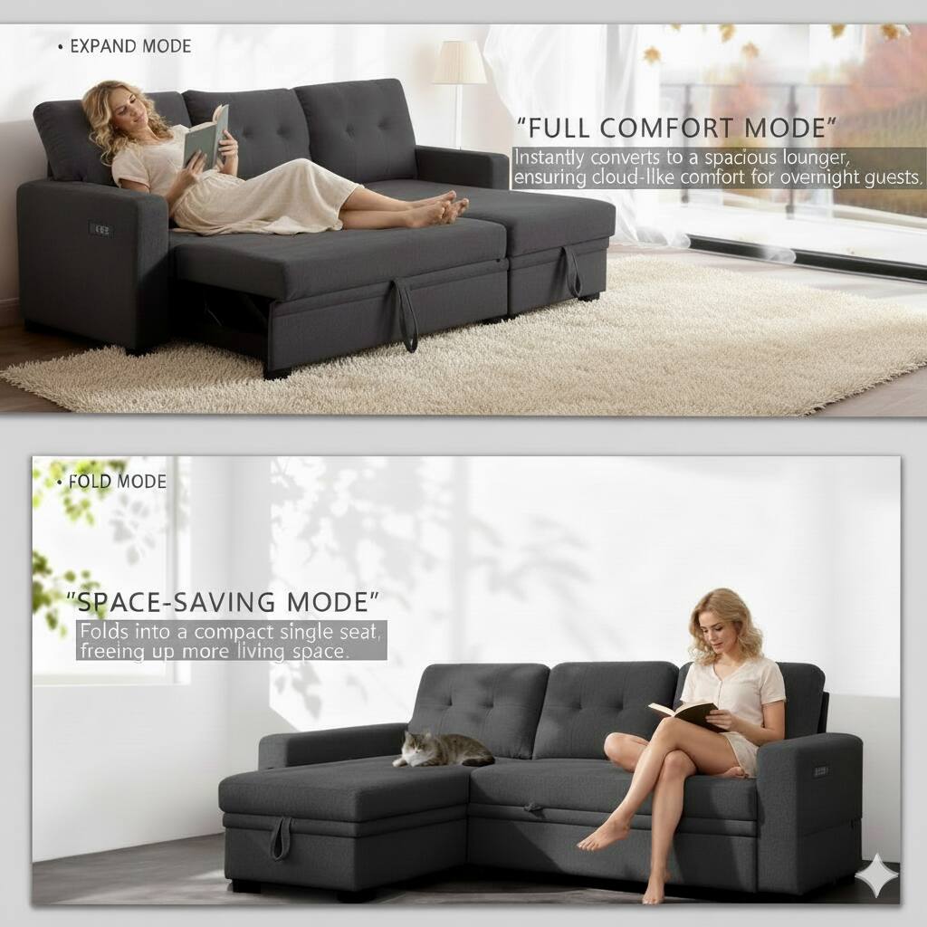 EXPAND MODE "FULL COMFORT MODE"  
Instantly converts to a spacious lounger, ensuring cloud-like comfort for overnight guests.  

FOLD MODE "SPACE-SAVING MODE"  
Folds into a compact single seat, freeing up more living space.