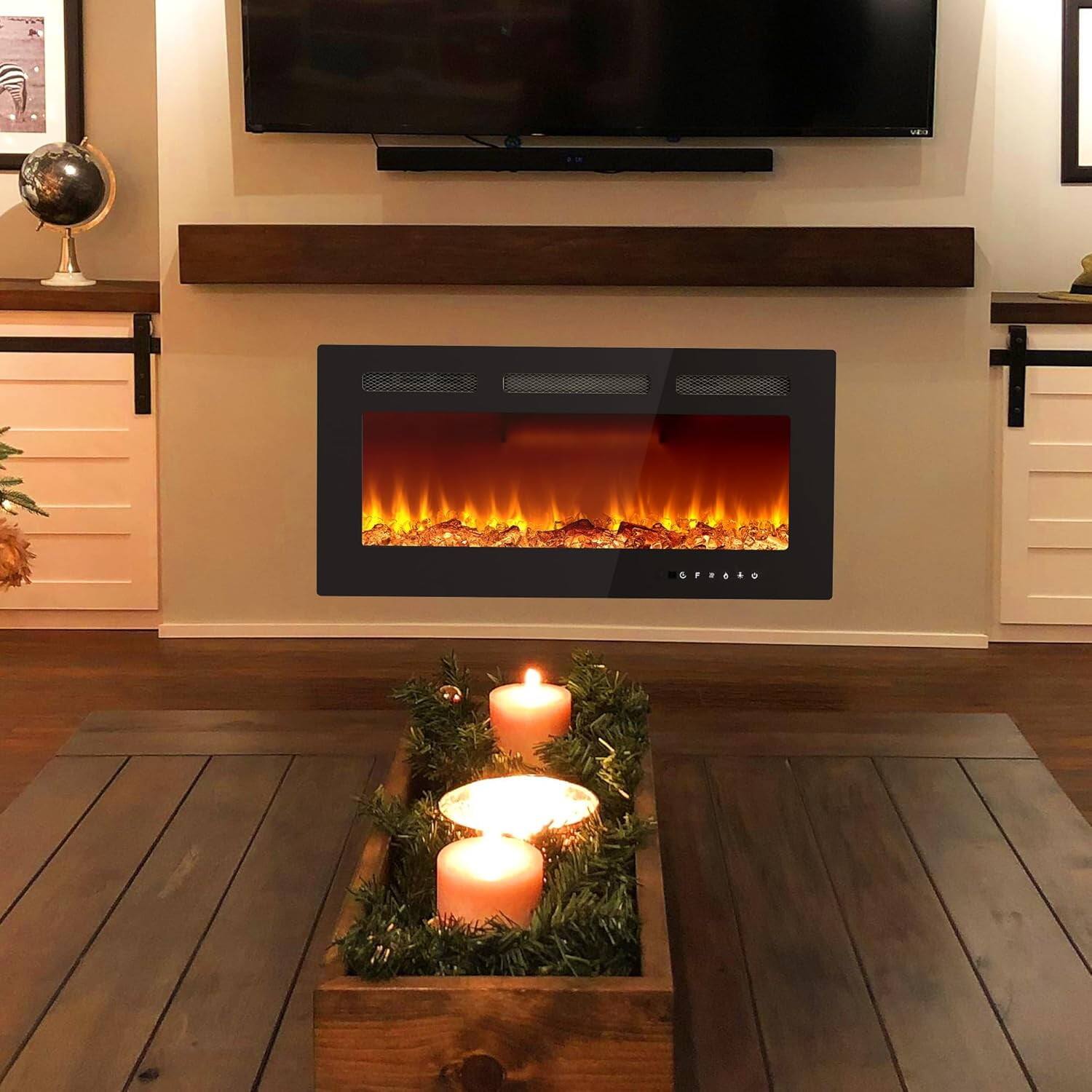 Angle. Qeetex - 36" Electric Fireplace, Wall Mounted or Recessed, 750W/1500W, 12 Flame Colors, Remote & Touch Control - Black.