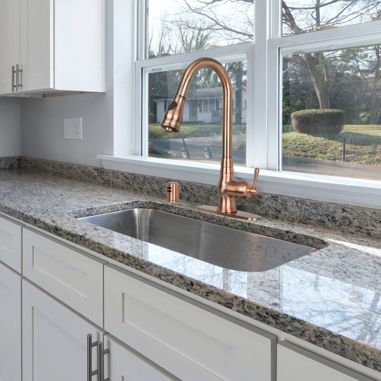Alt View 4. Akicon - Akicon Solid Brass One-Handle Kitchen Faucet with Pull Down Sprayer in Antique Copper - Antique Copper.
