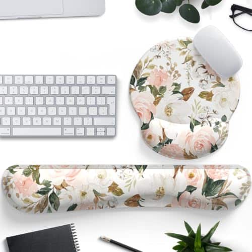 Earthley Blooms - Pink Flower Desktop Mat Aesthetic Wrist Support Mouse Rest Set Computer Office Comfortable for Easy Typing - Art Pink Flowers
