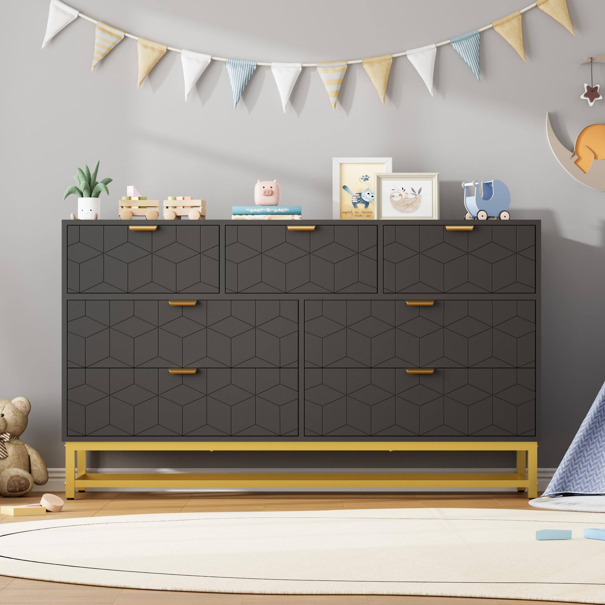 Alt View 2. GARVEE - Dresser for Bedroom, 53.5" Wide Dresser Organizer, 7 Drawer with Golden Metal Handle and Legs, Modern Chest - Black.