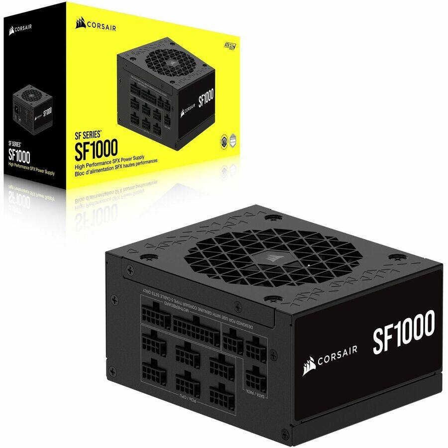 CORSAIR SF SERIES SF1000  
High Performance SFX Power Supply  
Bloc d'alimentation SFX hautes performances  

SF1000  
High Performance SFX Power Supply  
Bloc d'alimentation SFX hautes performances  

CORSAIR SF1000  
Designed for high-performance systems  
Conçu pour les systèmes haute performance  

80 PLUS Gold Certified  
Certifié 80 PLUS Gold