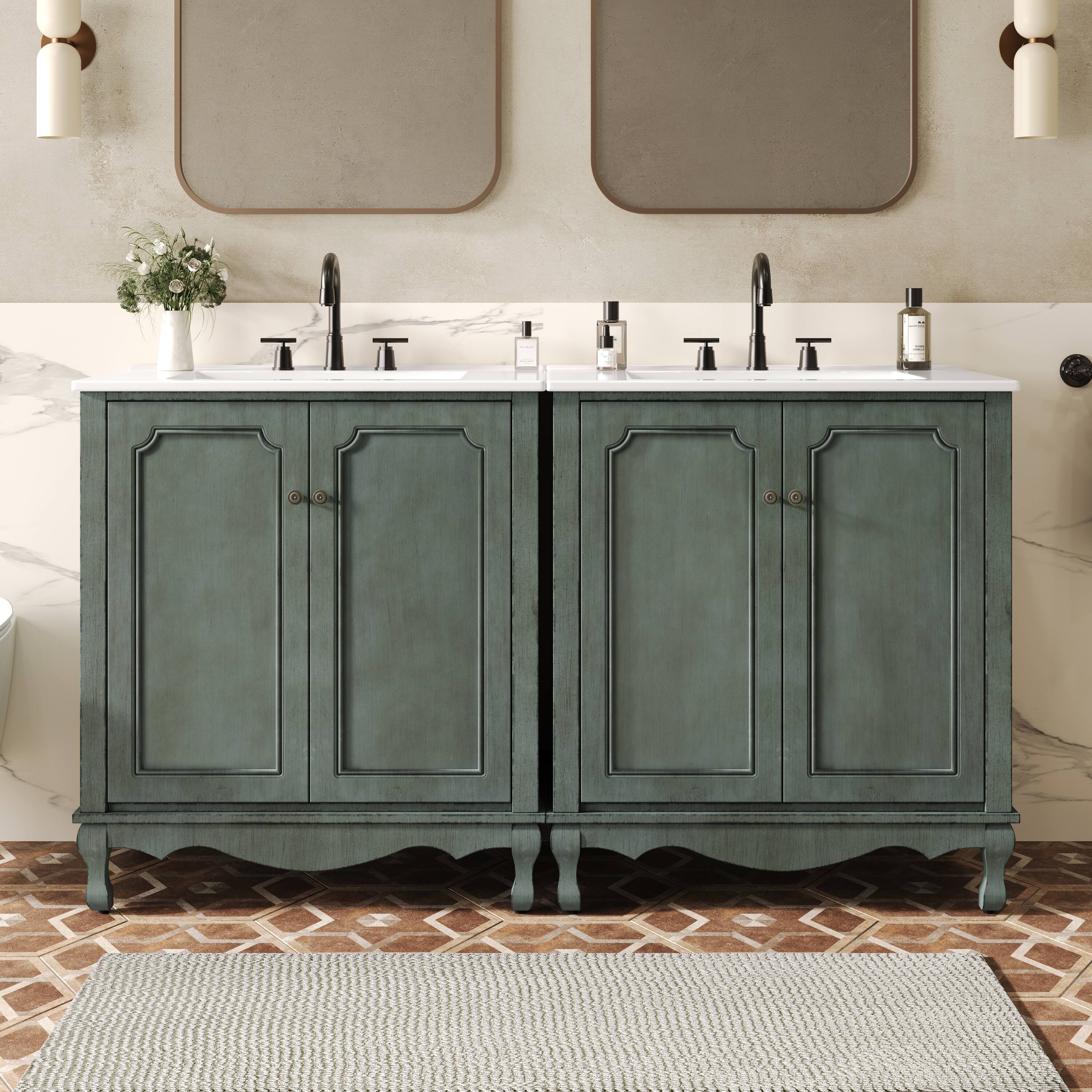 Front. TinyHomie - 60 inch Double Sinks Bathroom Vanity Set Vintage Bathroom Cabinet with Two Separate Ceramic Sink Antique Teal - White.